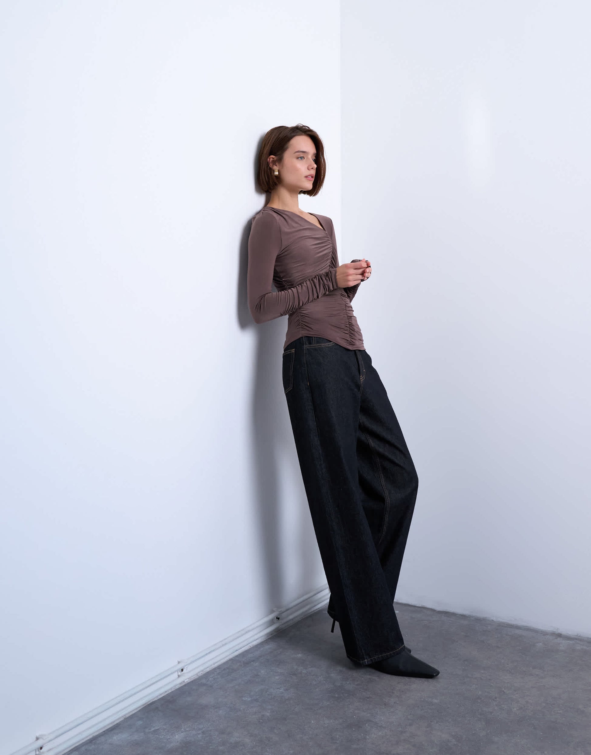 Topshop asymmetric ruched long sleeve top in brown