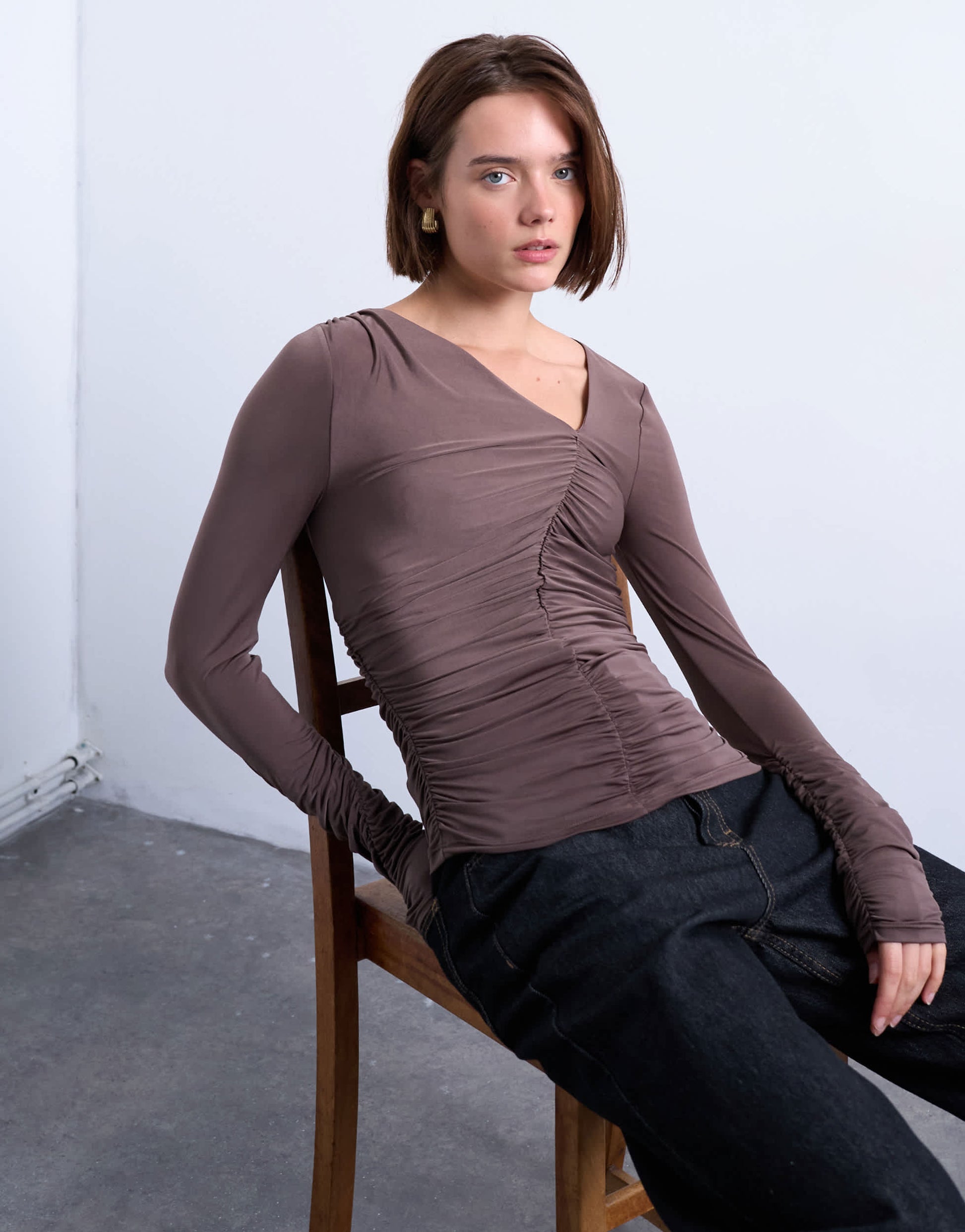 Topshop asymmetric ruched long sleeve top in brown
