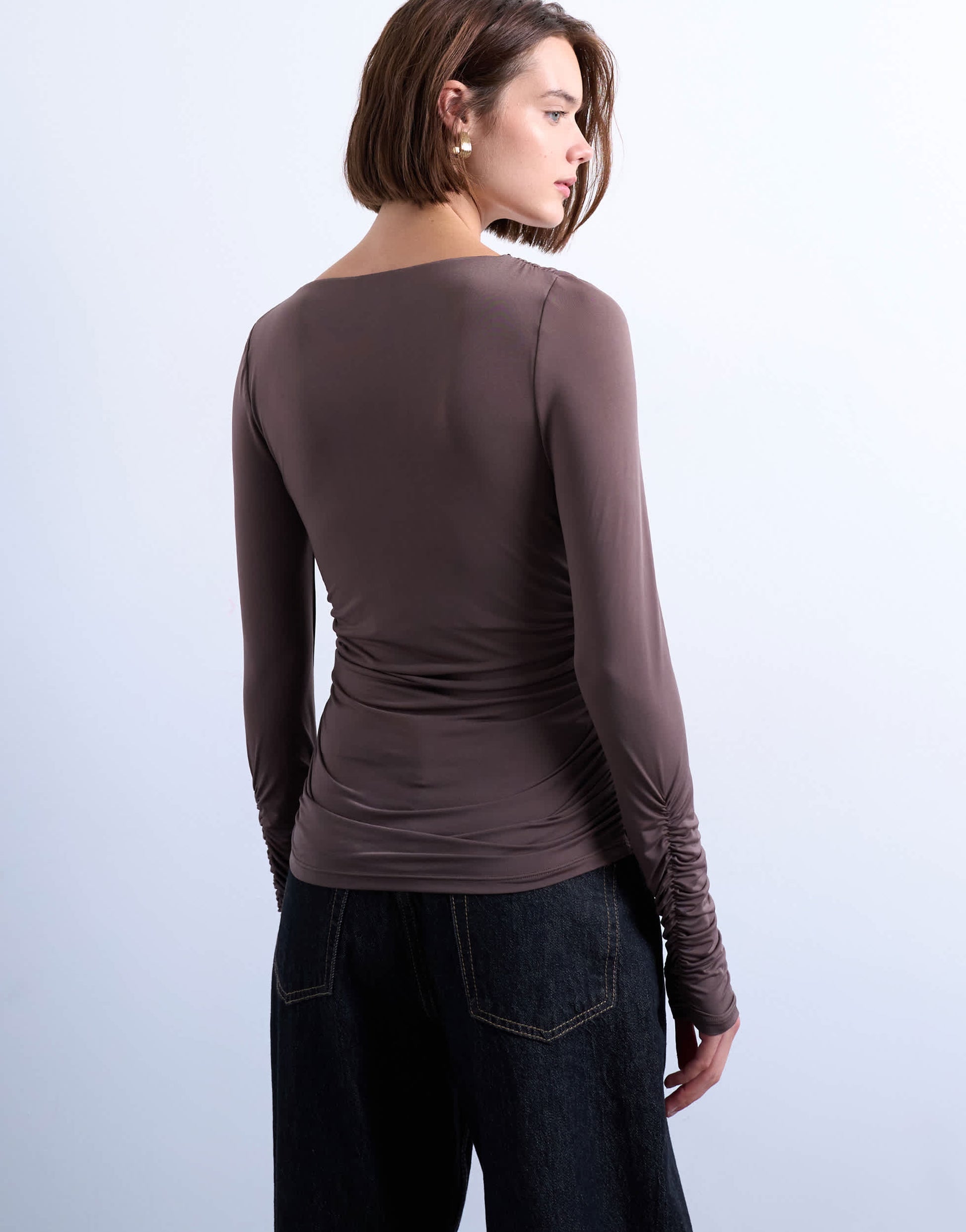 Topshop asymmetric ruched long sleeve top in brown