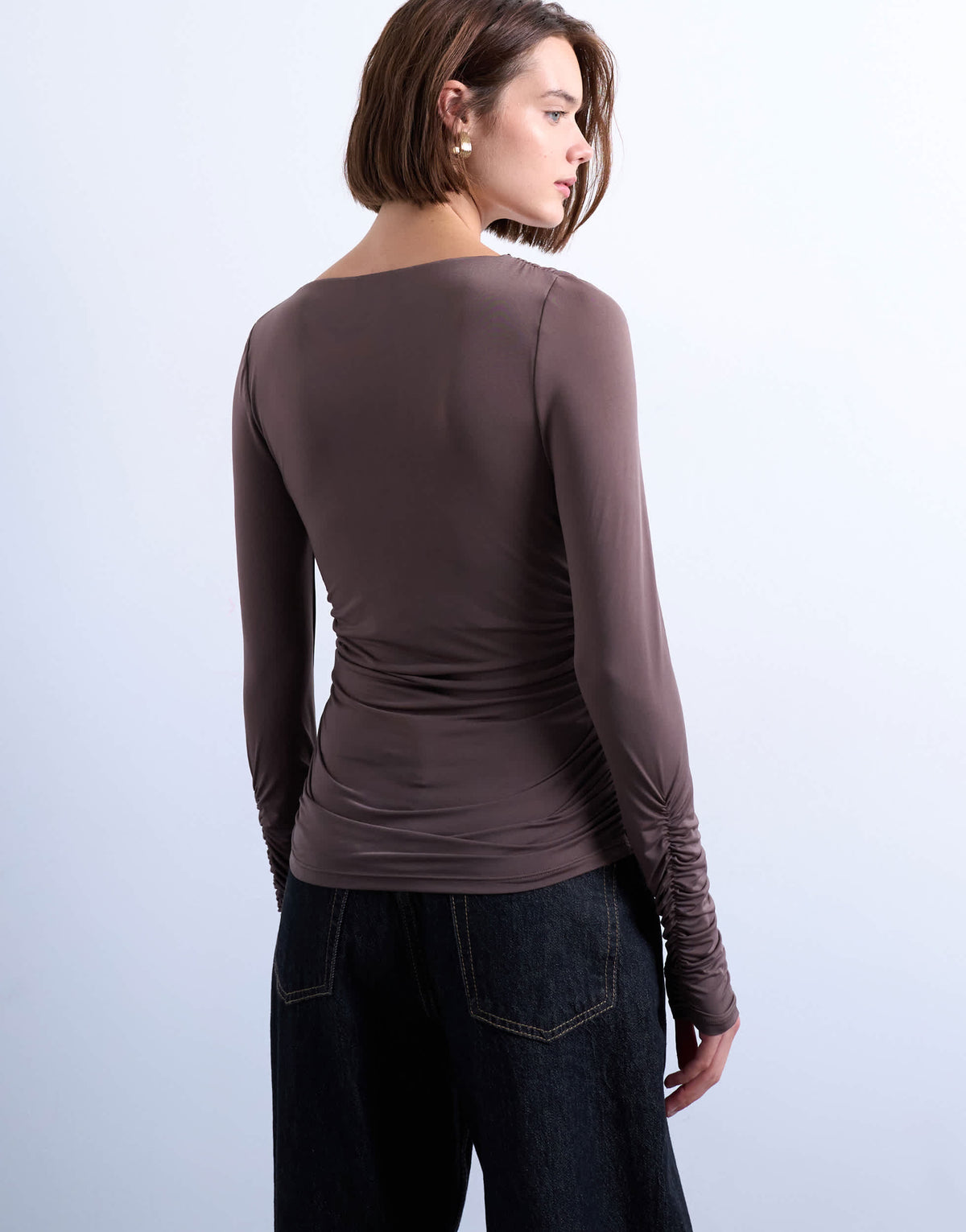 Topshop asymmetric ruched long sleeve top in brown