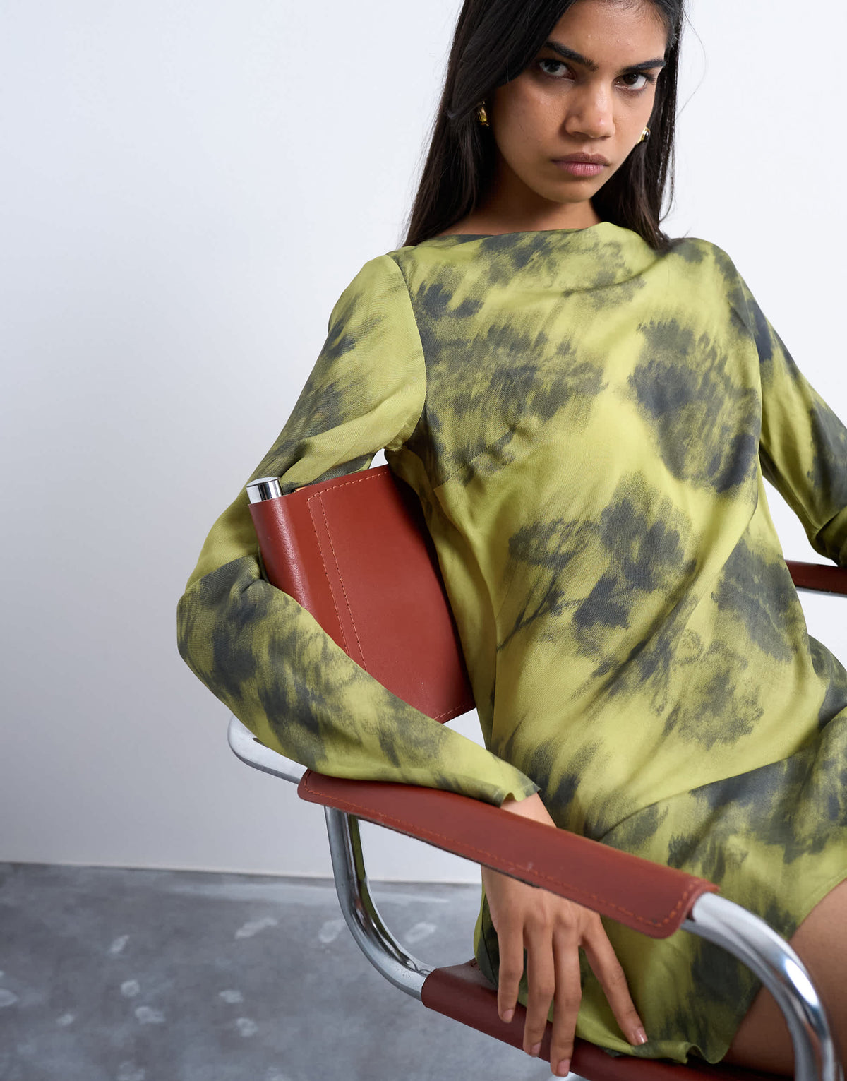 Topshop slash neck mini dress in blurry green print