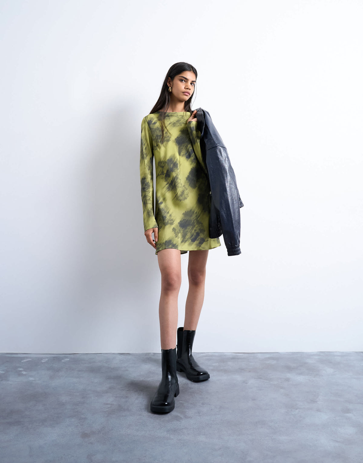Topshop slash neck mini dress in blurry green print