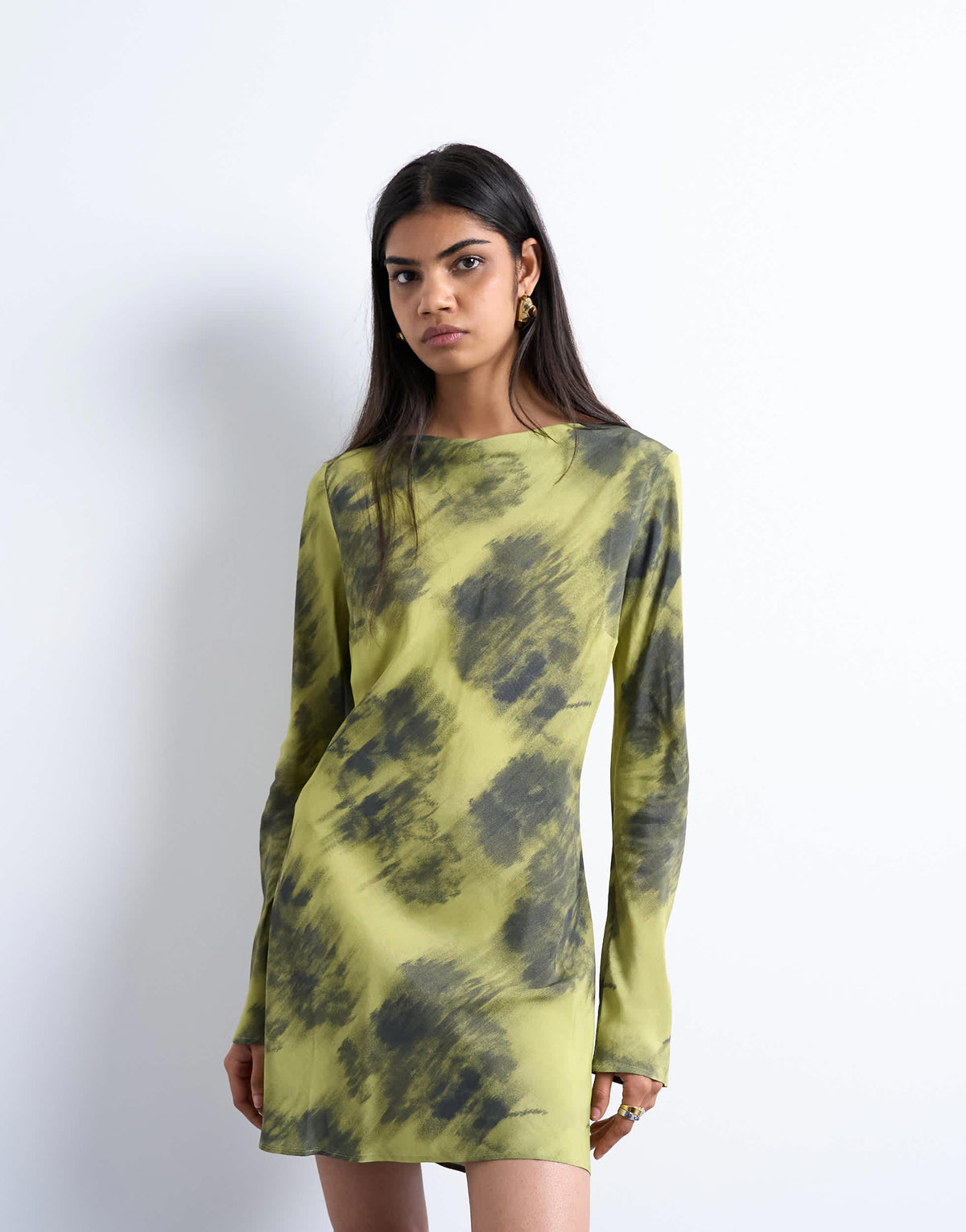 Topshop slash neck mini dress in blurry green print