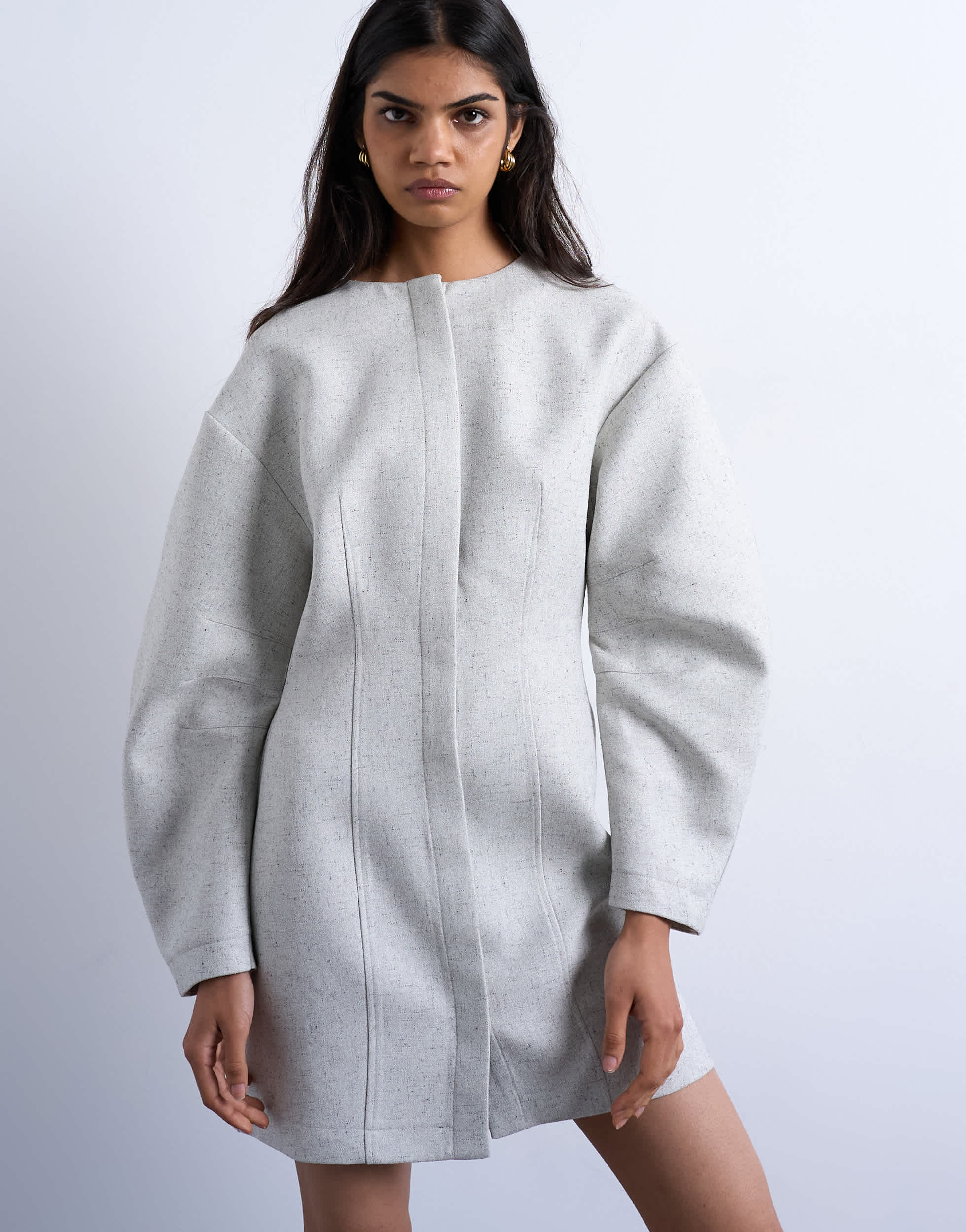 Topshop cocoon structured mini dress in woven grey marl