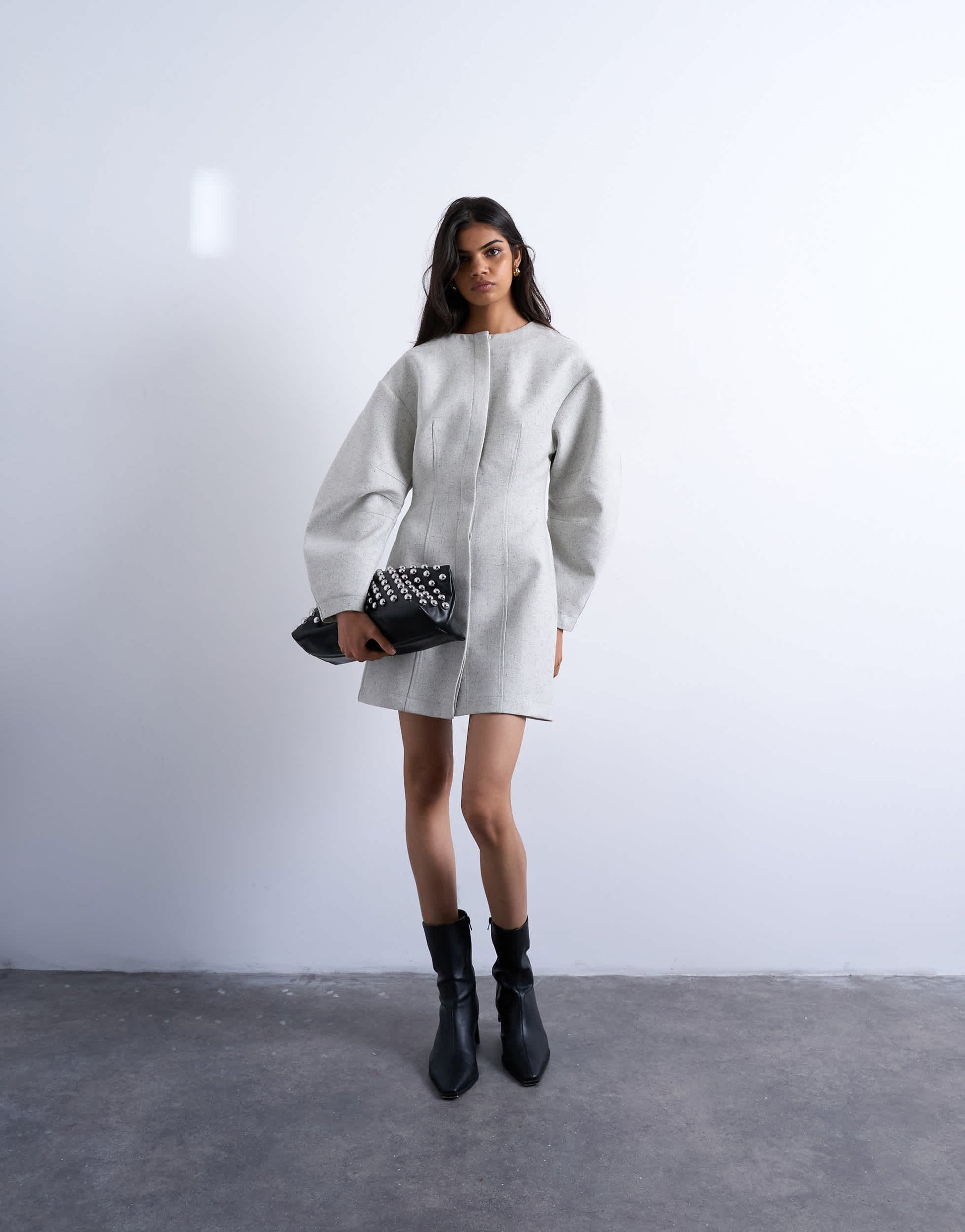 Topshop cocoon structured mini dress in woven grey marl