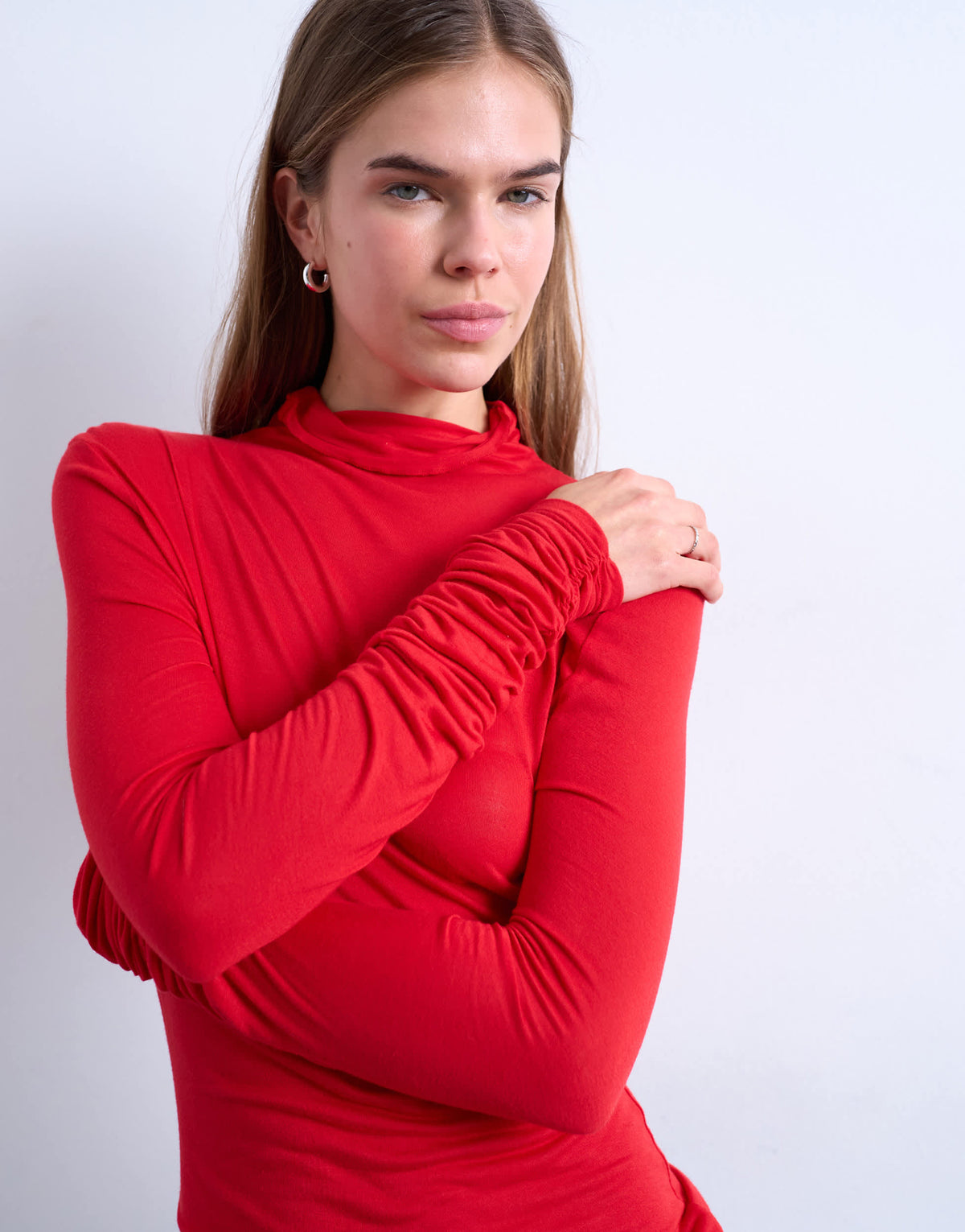 Topshop high neck viscose long sleeve top in red