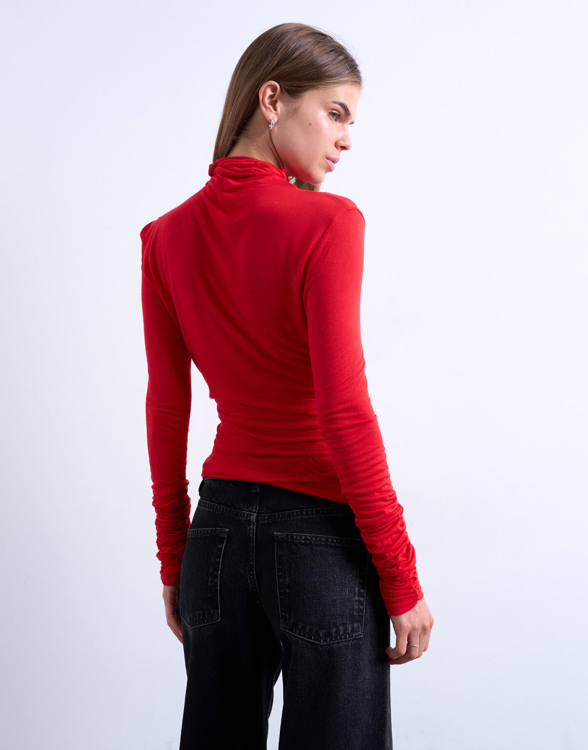 Topshop high neck viscose long sleeve top in red
