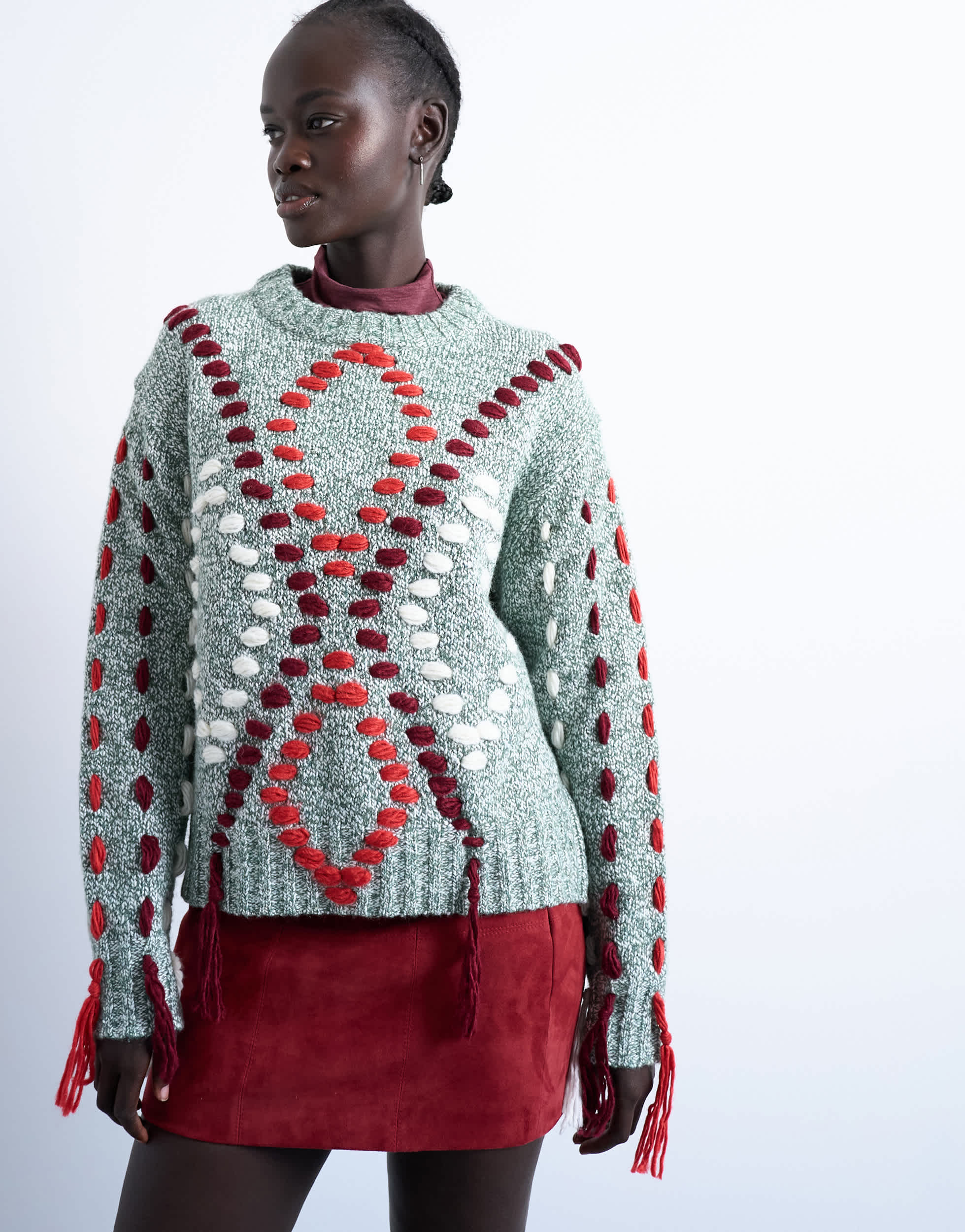 Topshop knitted argyle embroidered jumper in green