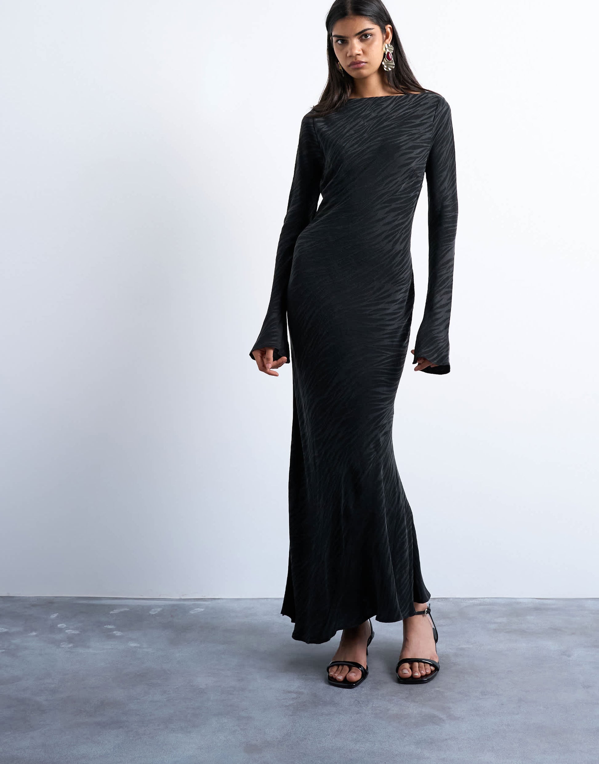 Topshop slash neck midi dress in black premium cupro jacquard