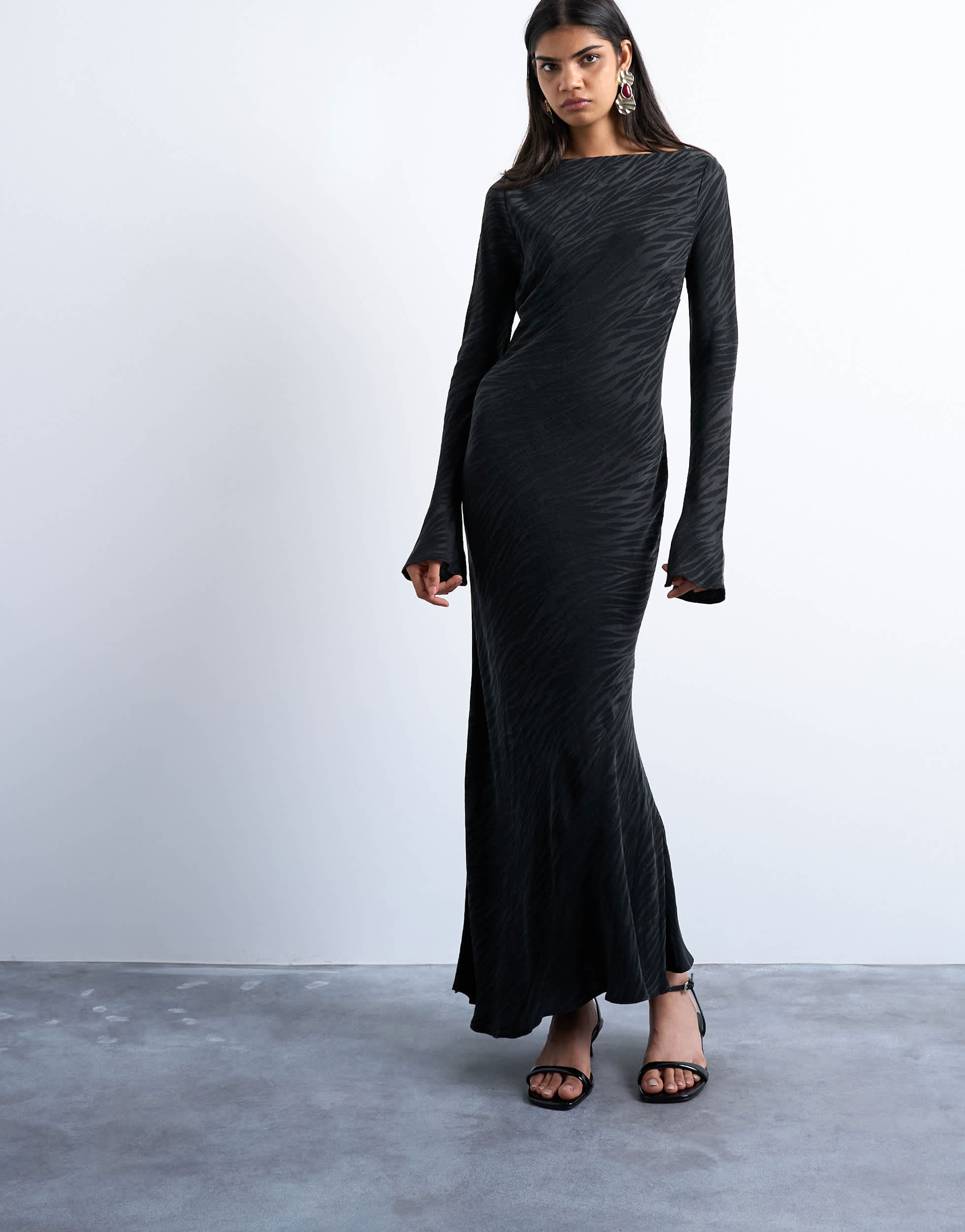 Topshop slash neck midi dress in black premium cupro jacquard