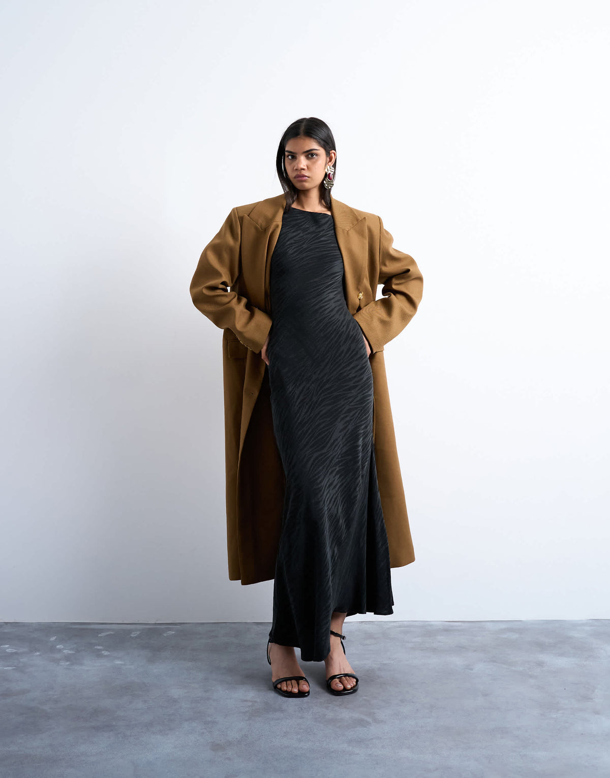 Topshop slash neck midi dress in black premium cupro jacquard