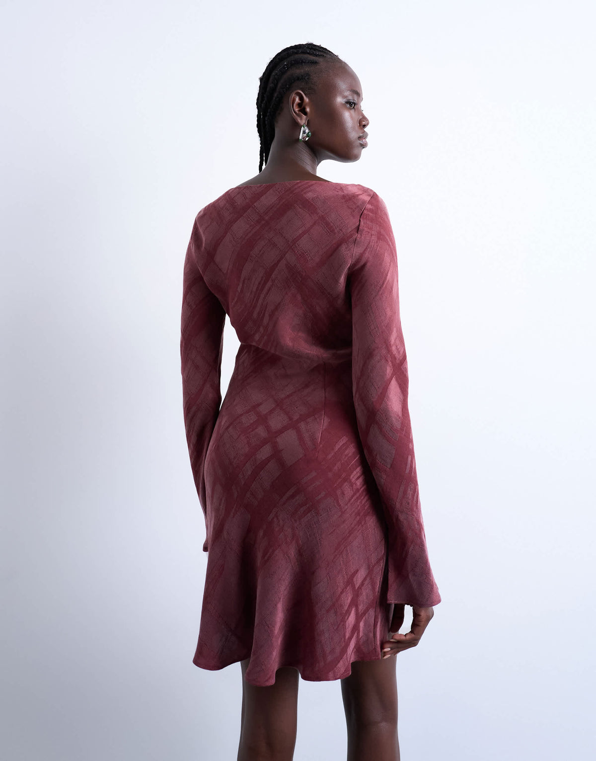 Topshop slash neck mini dress in burgundy premium cupro jacquard