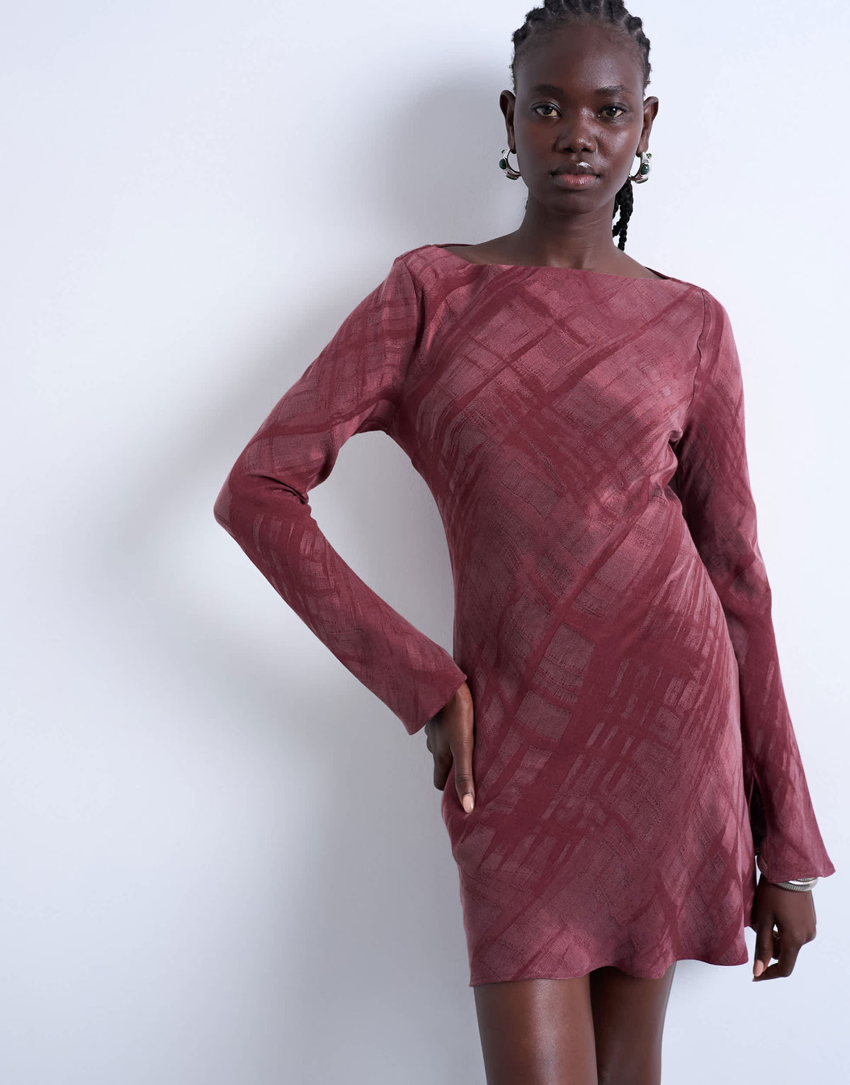 Topshop slash neck mini dress in burgundy premium cupro jacquard