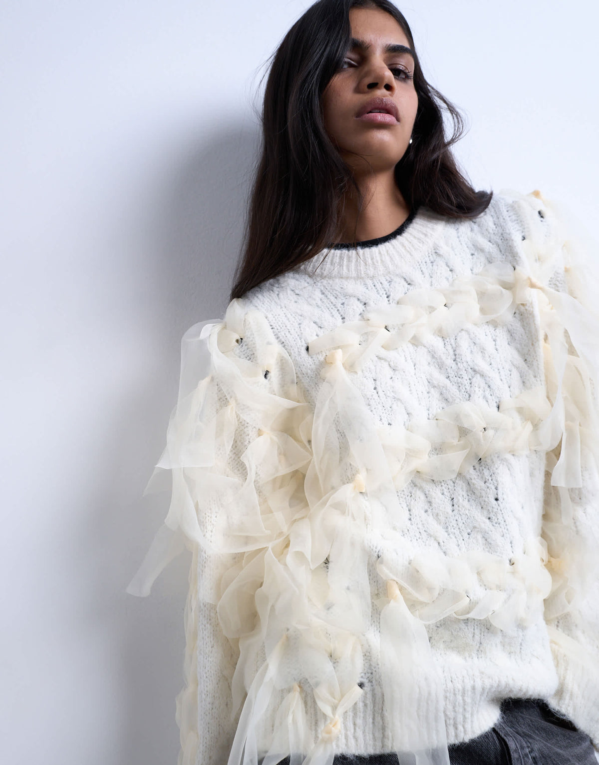 Topshop knitted plaid ribbon jumper in Ivory