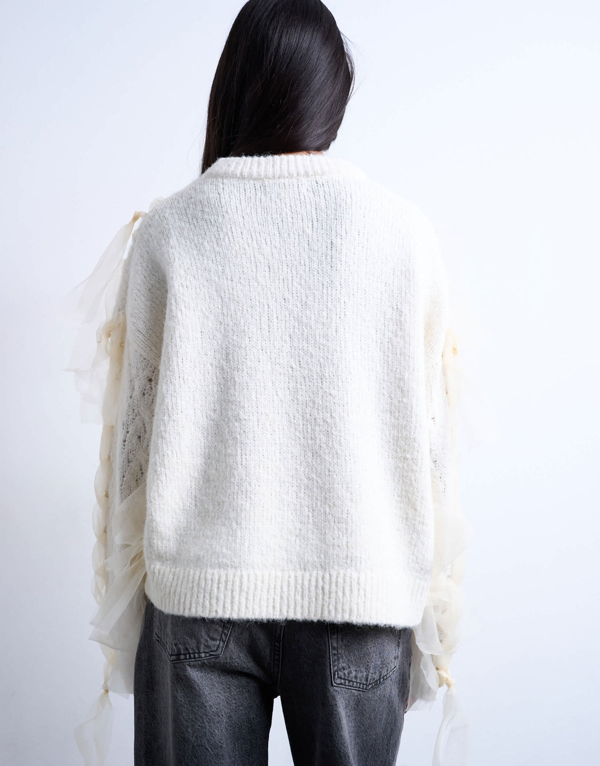 Topshop knitted plaid ribbon jumper in Ivory
