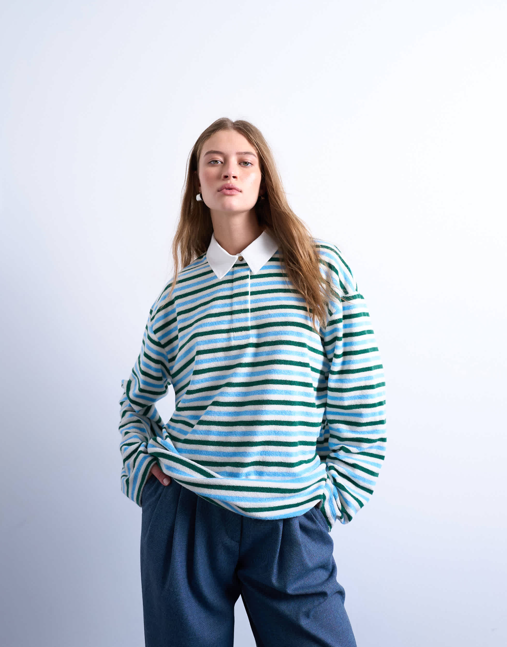 Topshop towelling stripe polo in blue and green