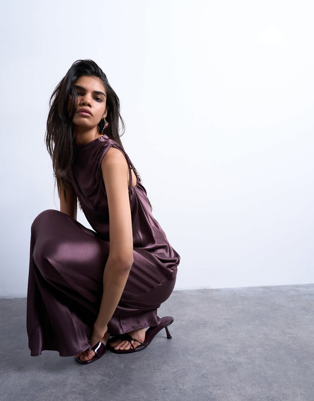 Topshop bias ruched arm hole maxi occasion dress in deep burgundy