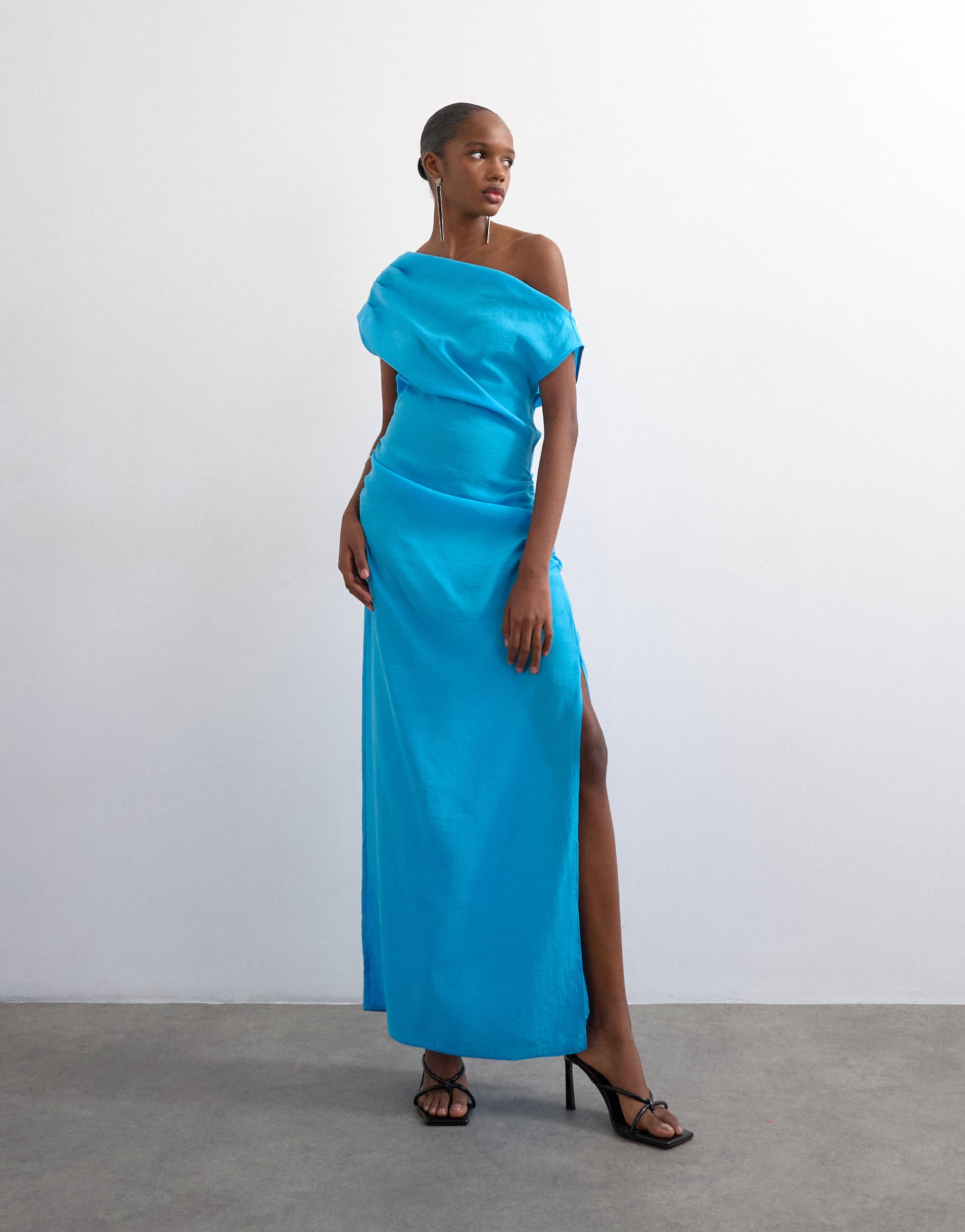 Topshop grown on shoulder midi dress in soft touch electric blue