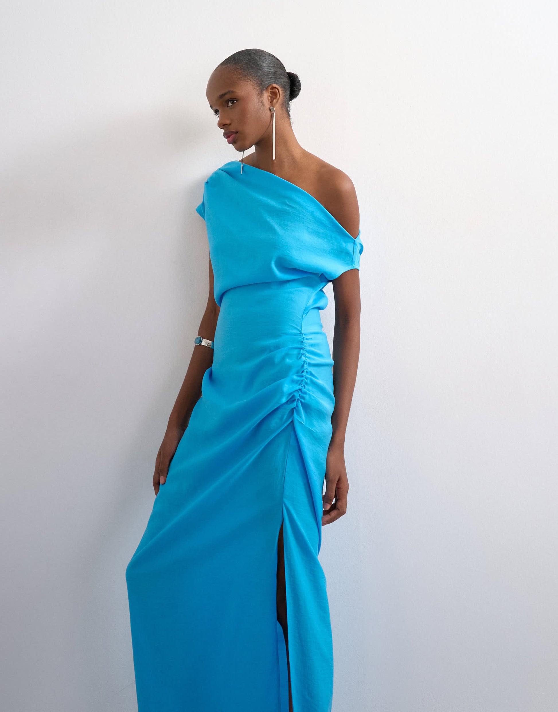Topshop grown on shoulder midi dress in soft touch electric blue