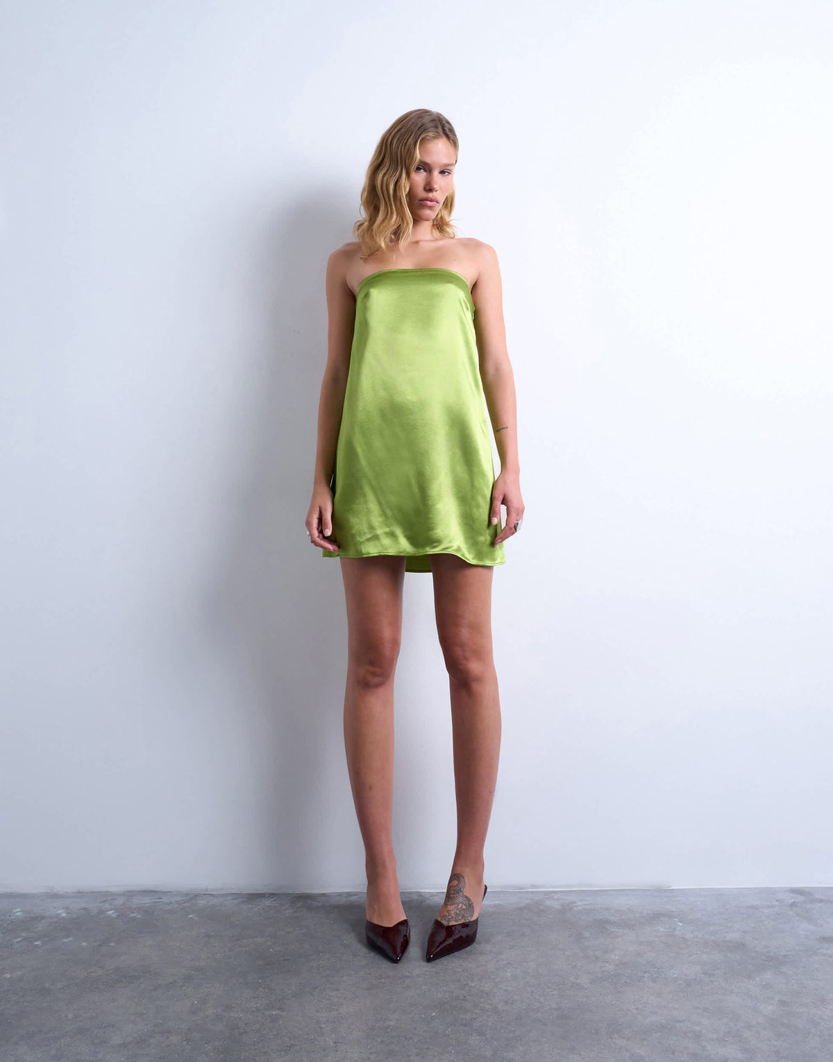 Topshop satin bandeau mini dress in chartreuse 