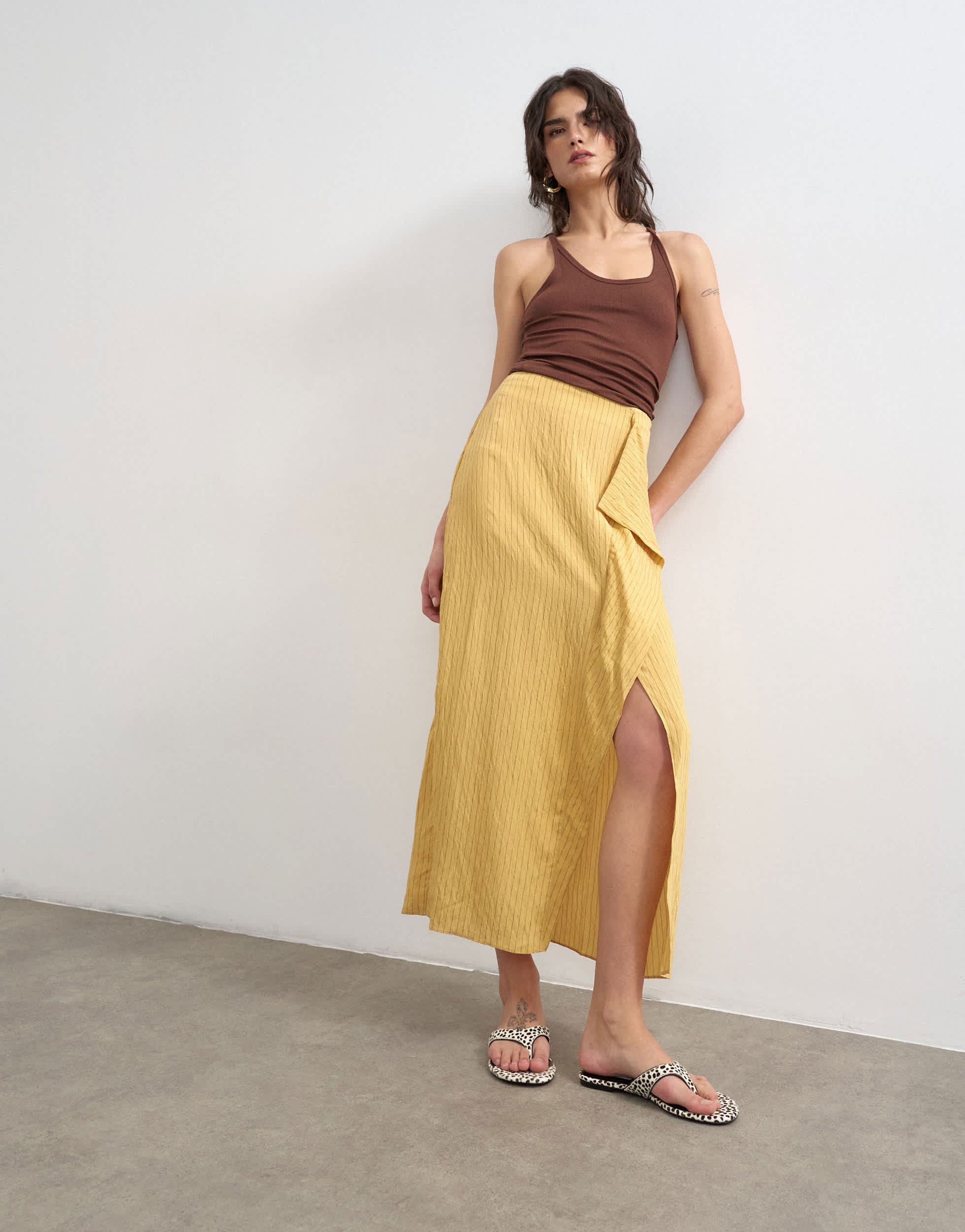 Topshop sarong wrap midi skirt in tan stripe