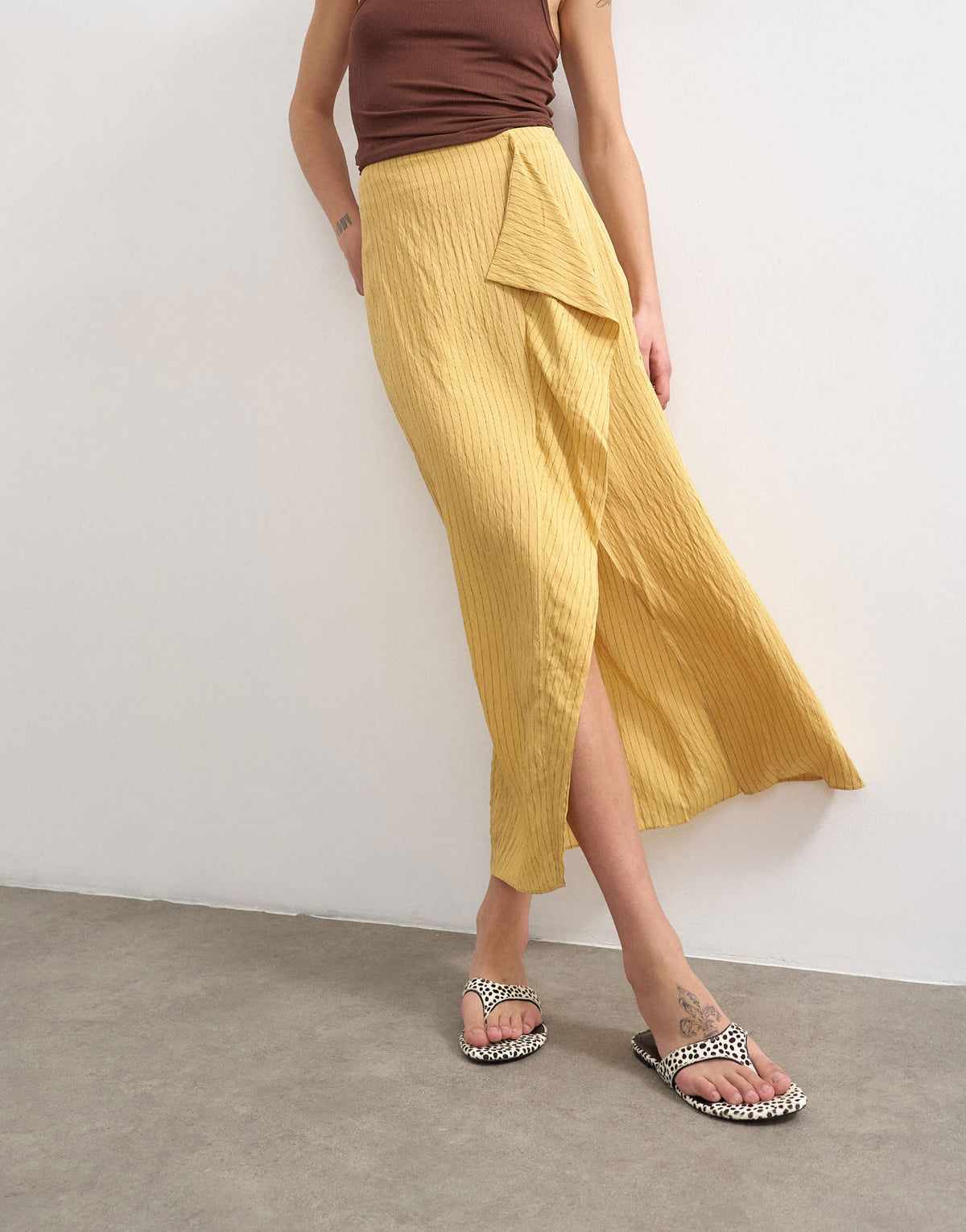 Topshop sarong wrap midi skirt in tan stripe