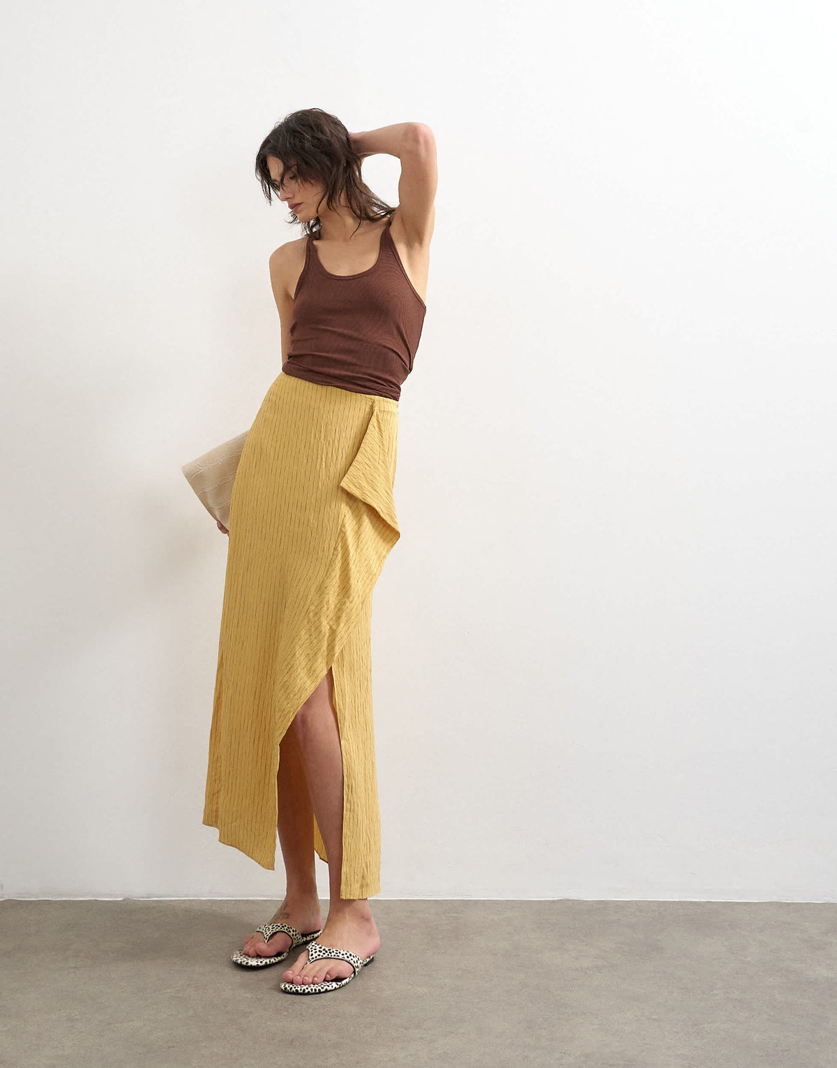 Topshop sarong wrap midi skirt in tan stripe