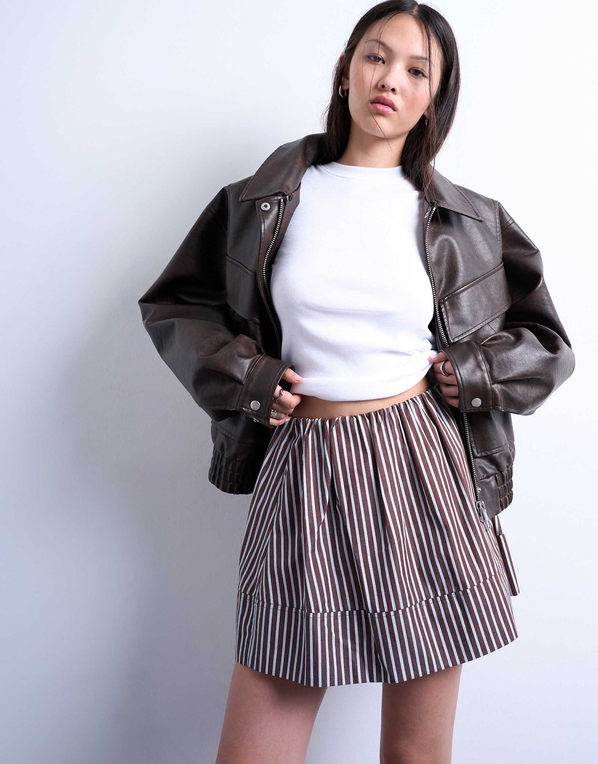 Topshop mini poplin skirt in brown and blue stripe