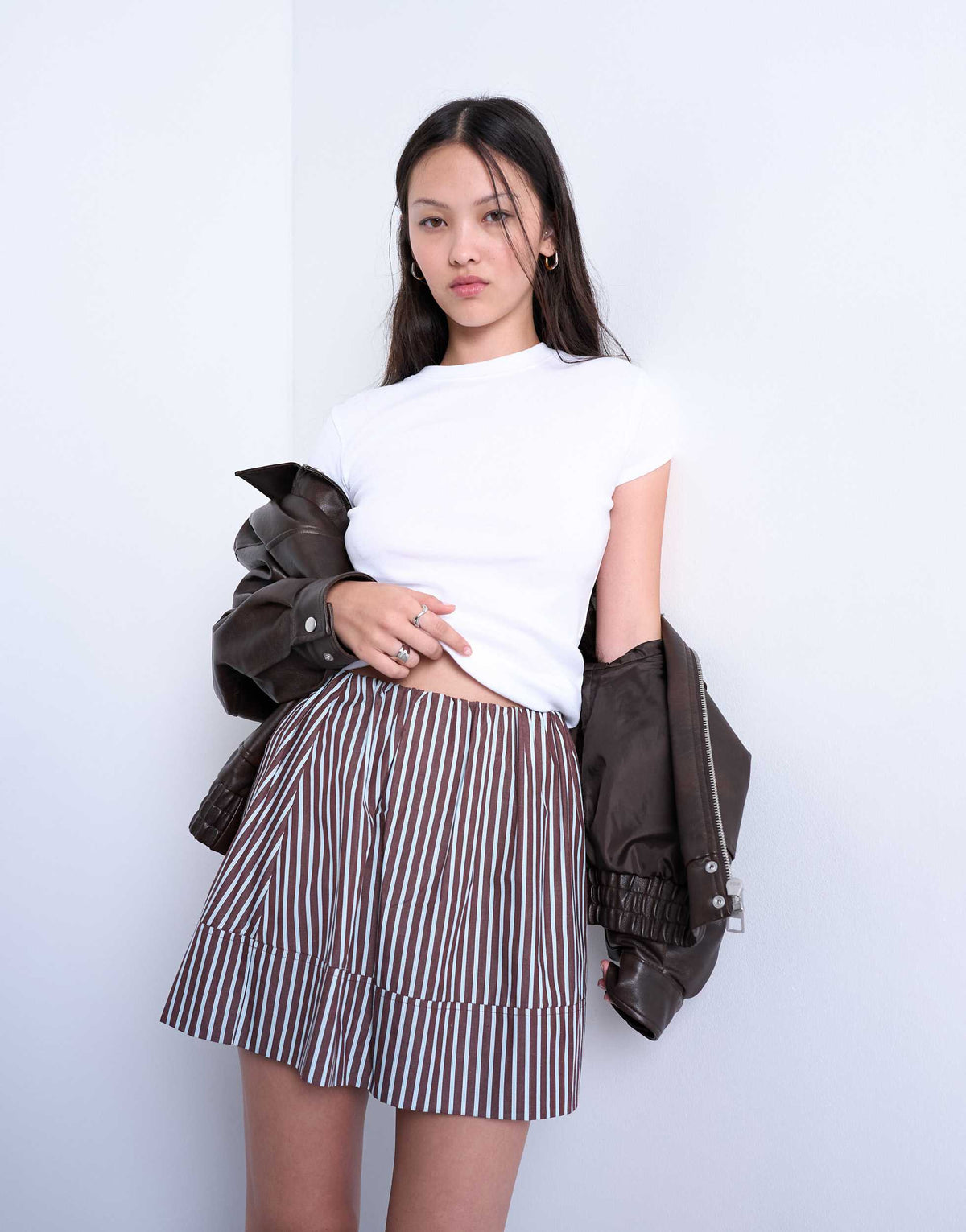 Topshop mini poplin skirt in brown and blue stripe