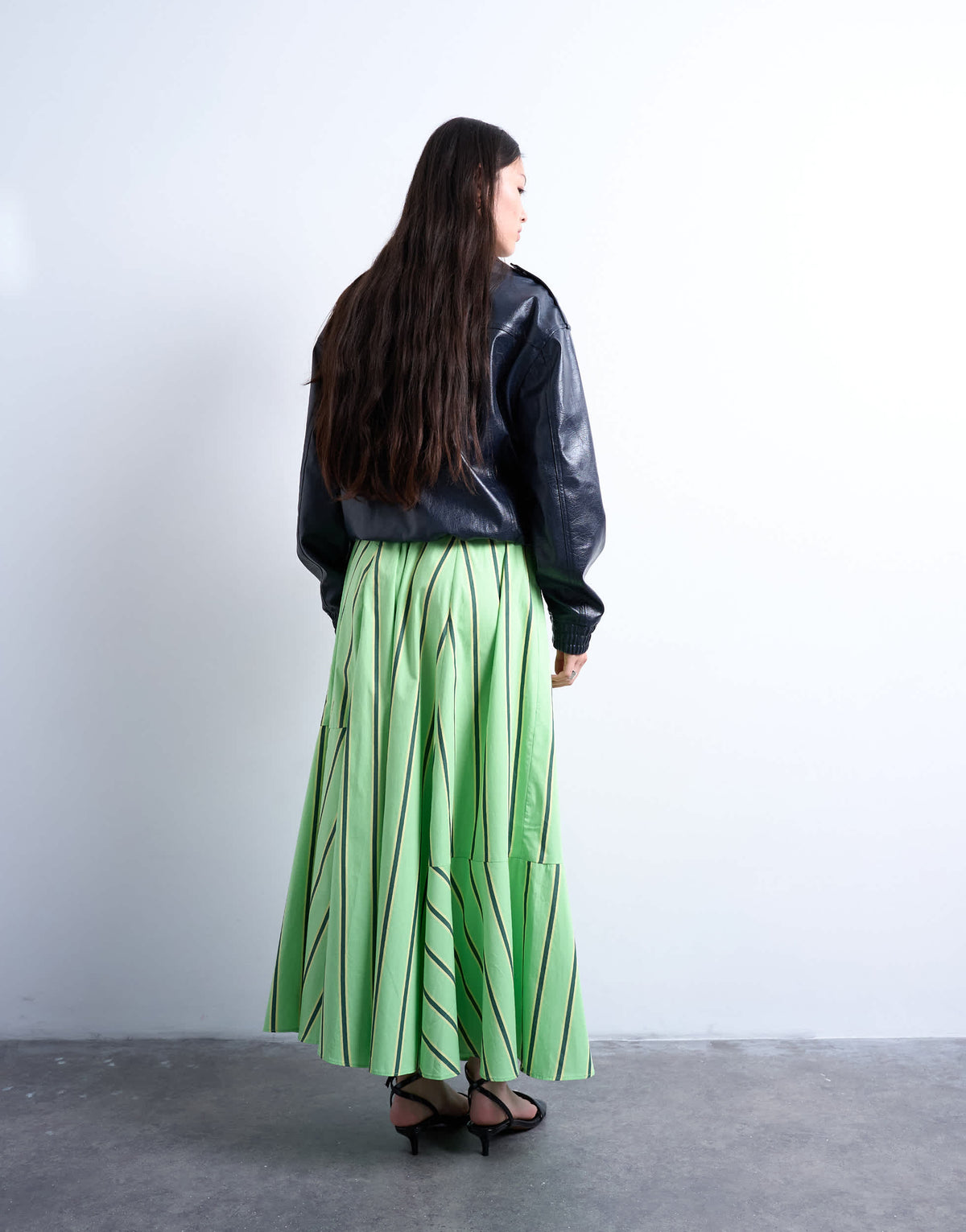 Topshop elasticated waist poplin full midi skirt in green and yellow stripe