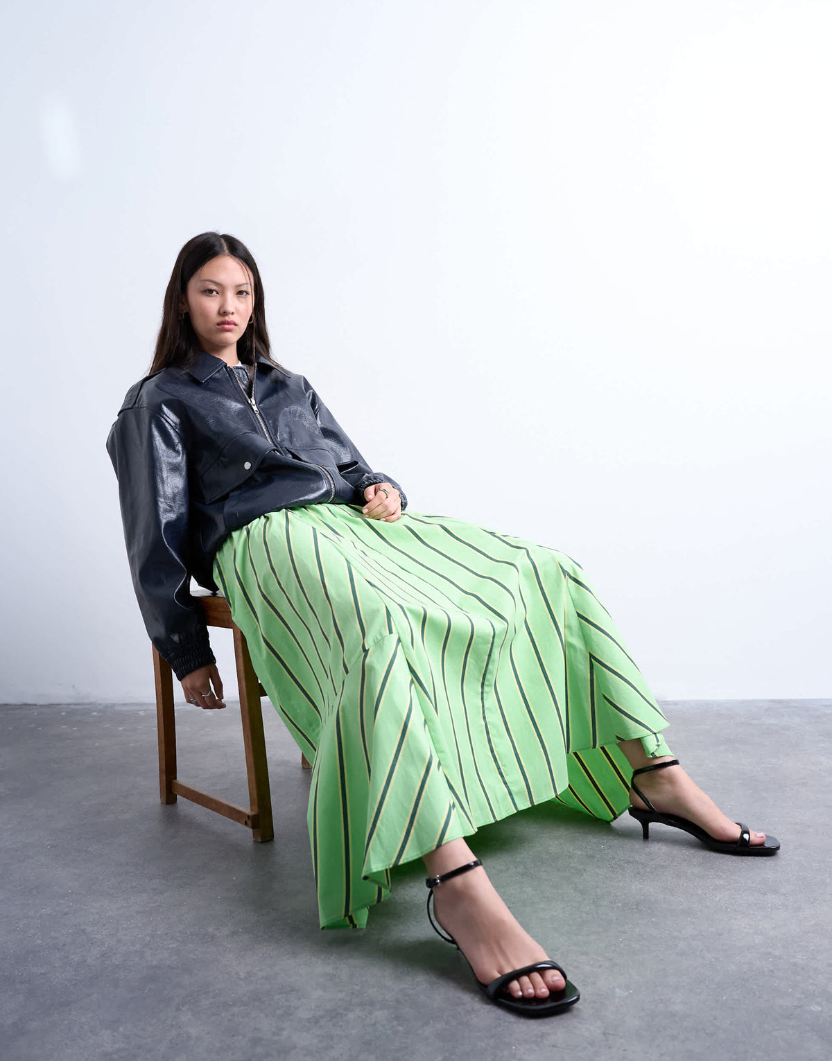 Topshop elasticated waist poplin full midi skirt in green and yellow stripe