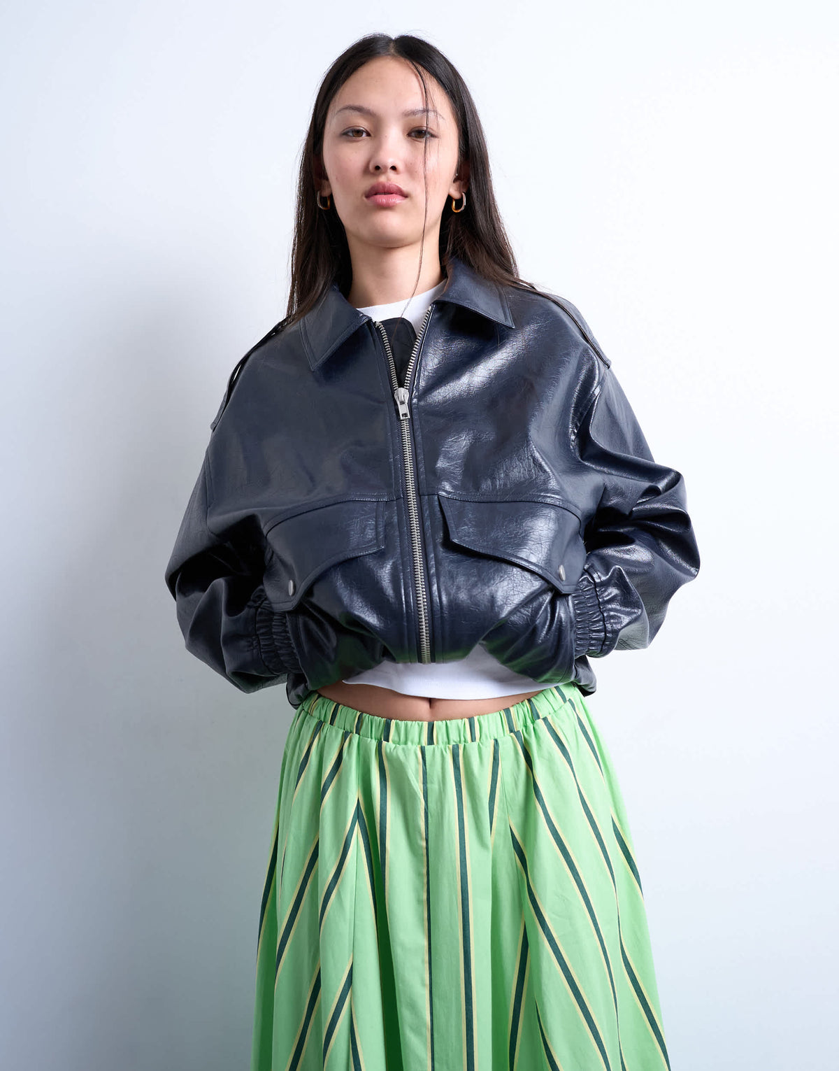 Topshop elasticated waist poplin full midi skirt in green and yellow stripe
