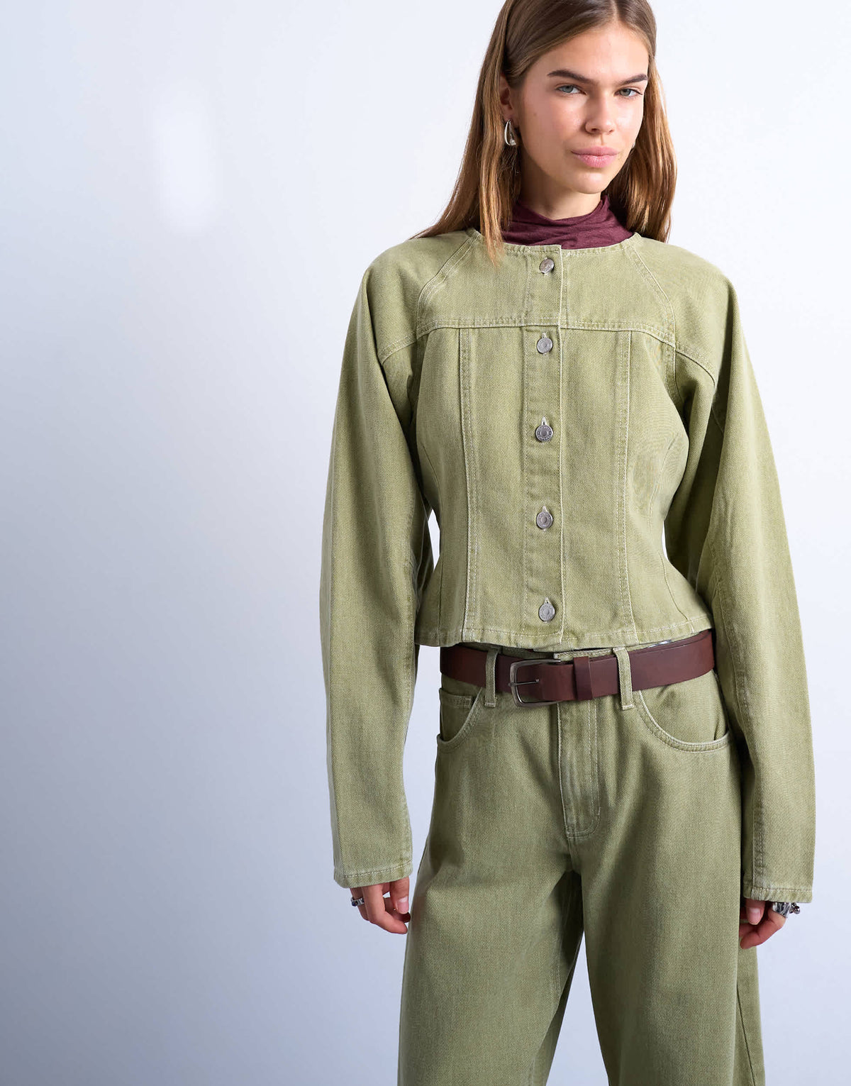 Topshop denim cinch shirt in avocado