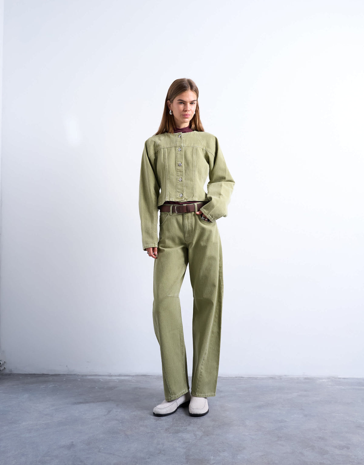 Topshop denim cinch shirt in avocado