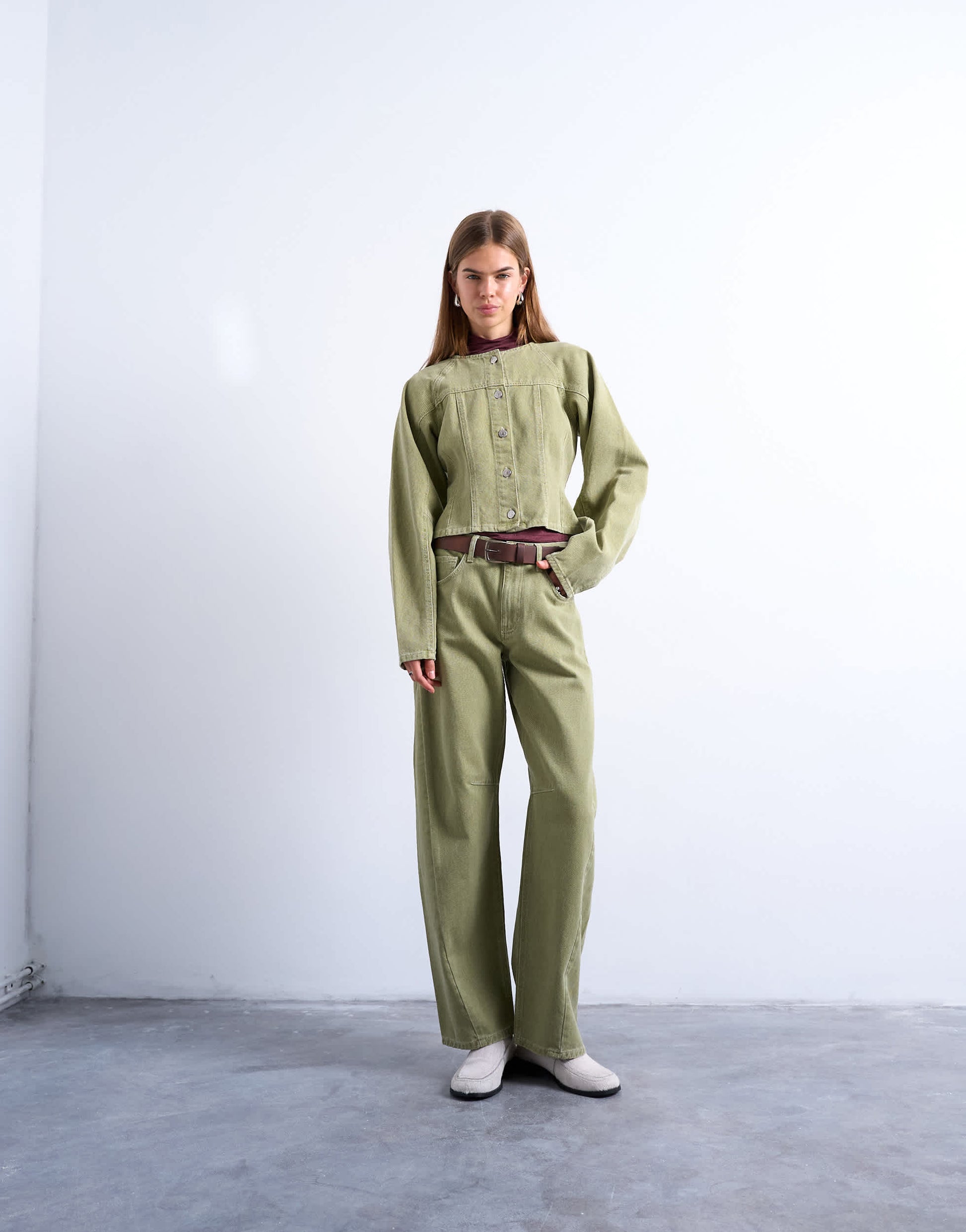 Topshop Barrel mid rise jean with seam details in avocado