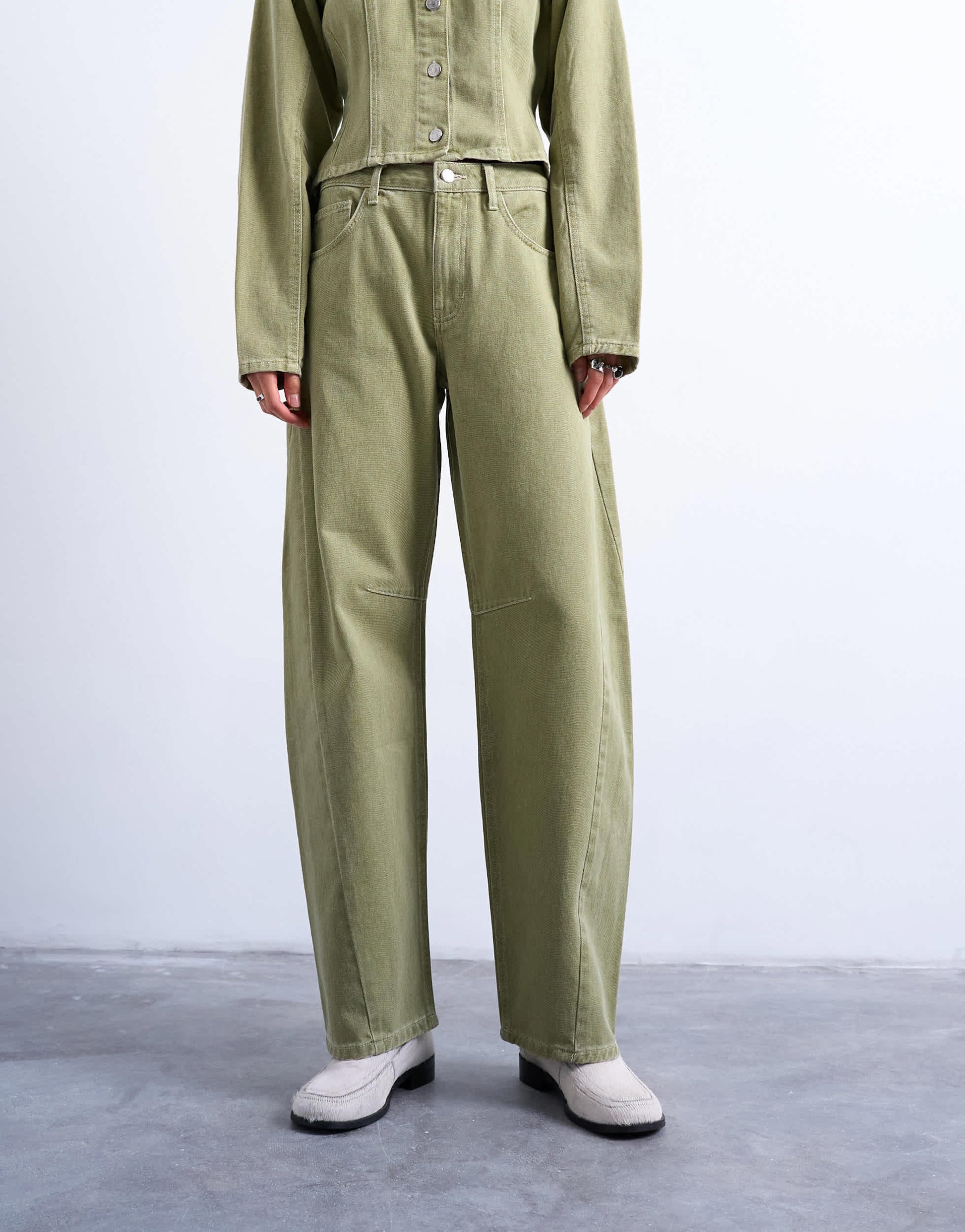 Topshop Barrel mid rise jean with seam details in avocado