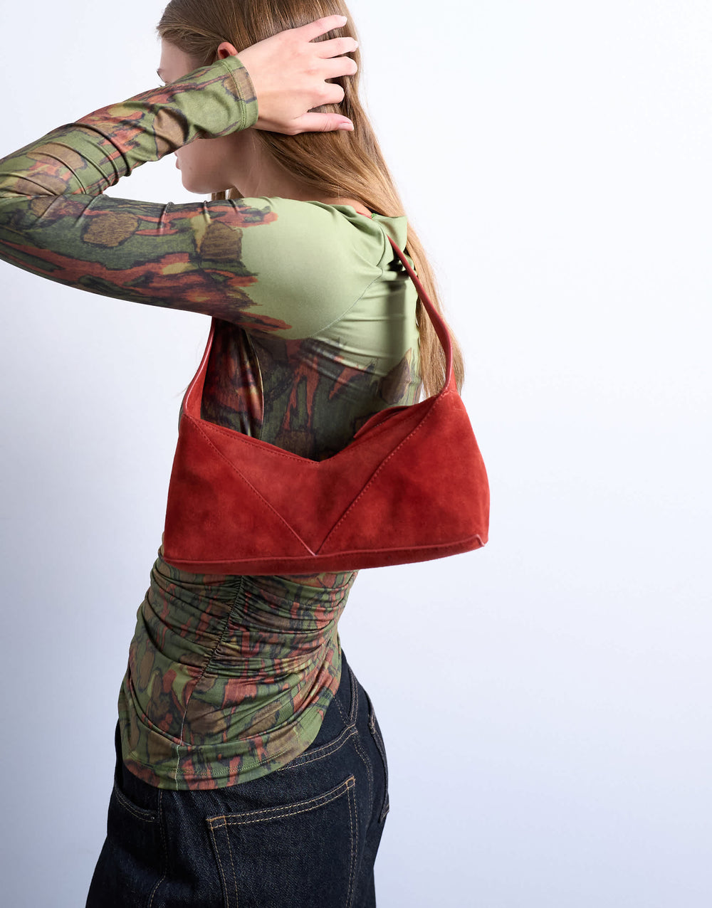 Topshop Safia Schultertasche aus echtem Wildleder in Rostrot