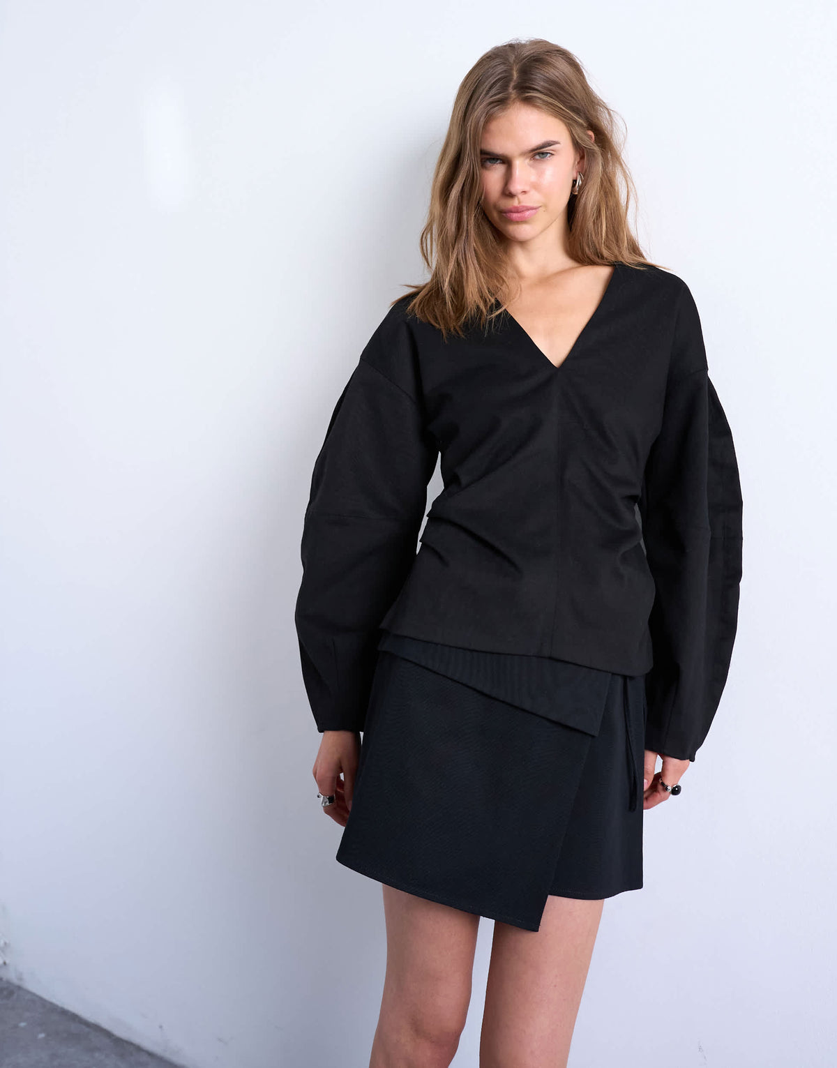 Topshop V neck ovoid sleeve top in black