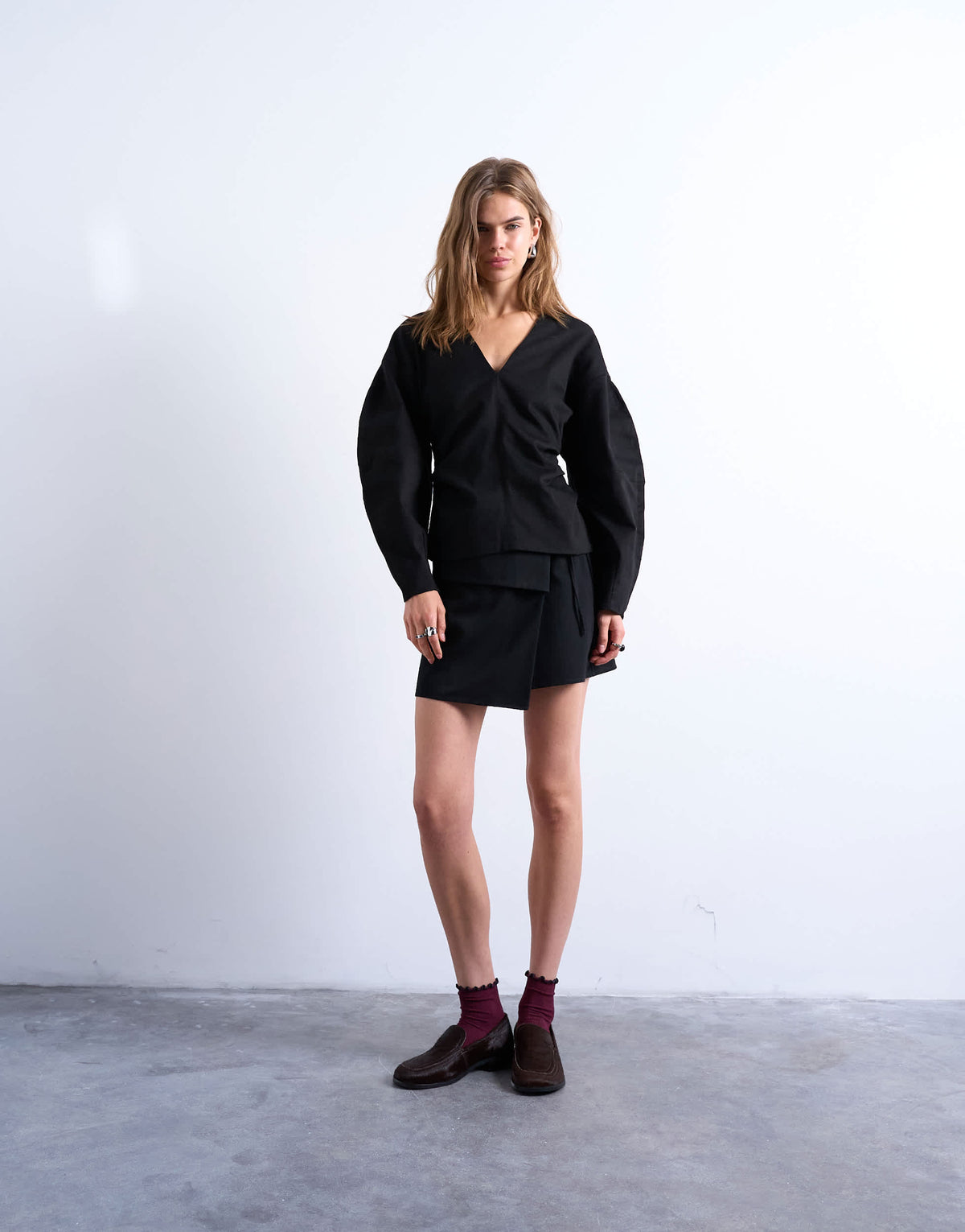 Topshop V neck ovoid sleeve top in black
