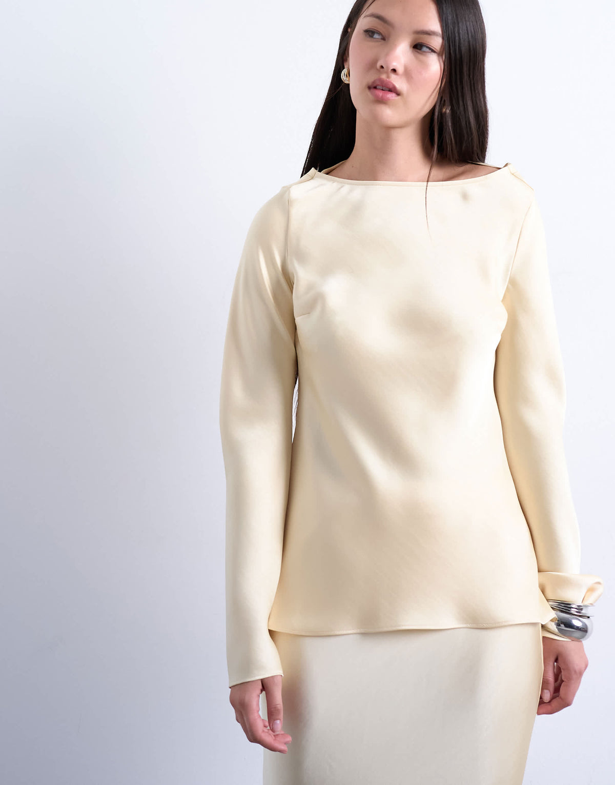 Topshop long sleeve cowl detail top in buttermilk
