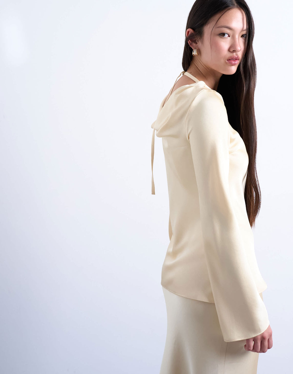 Topshop long sleeve cowl detail top in buttermilk