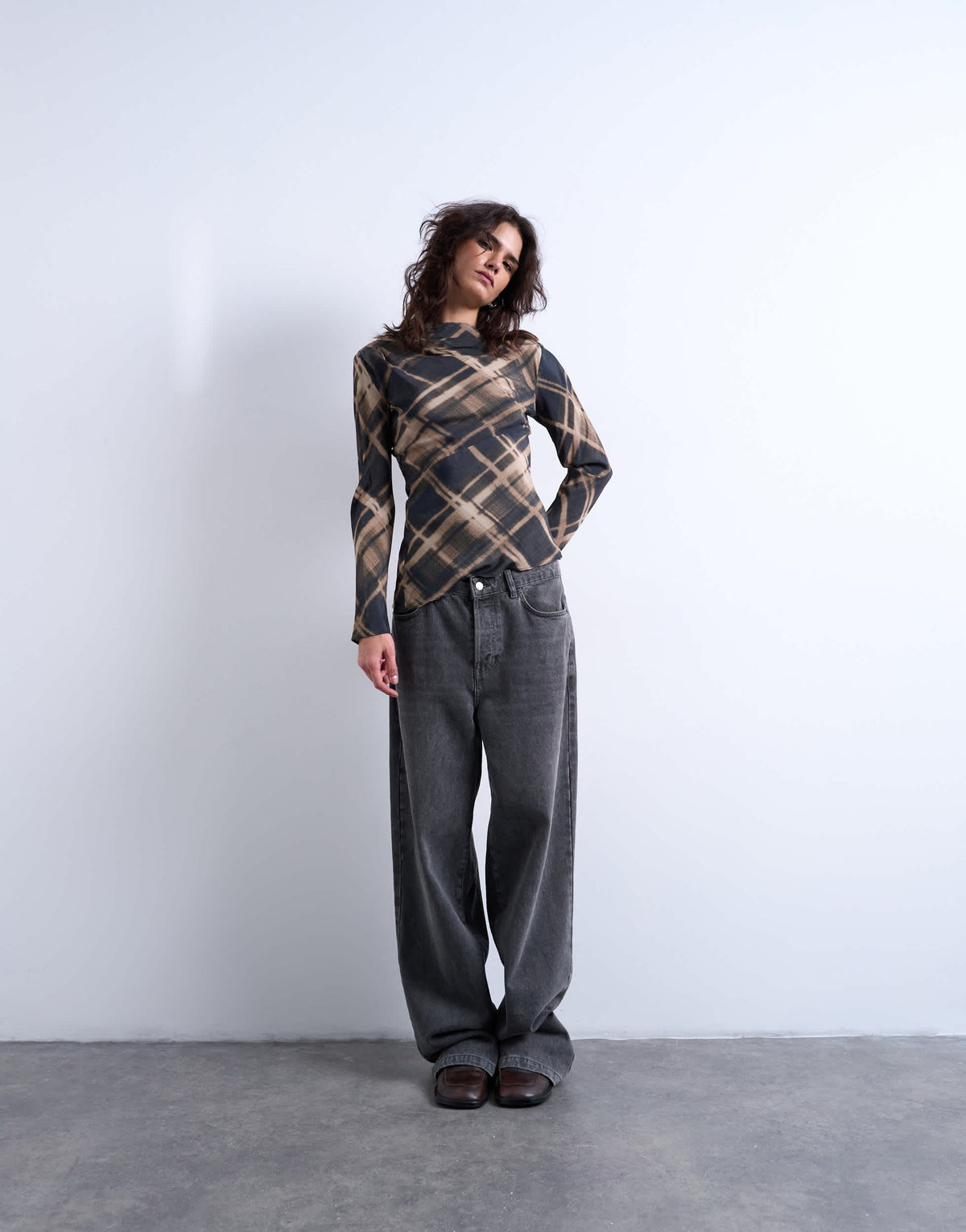 Topshop long sleeve top in check print