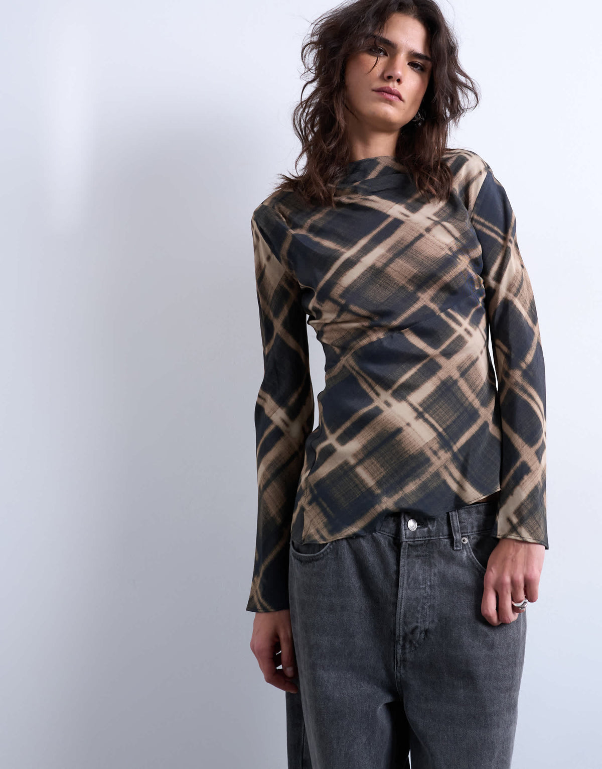 Topshop long sleeve top in check print