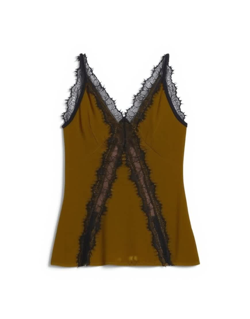 Topshop velvet lace cami with contrast lace in olive