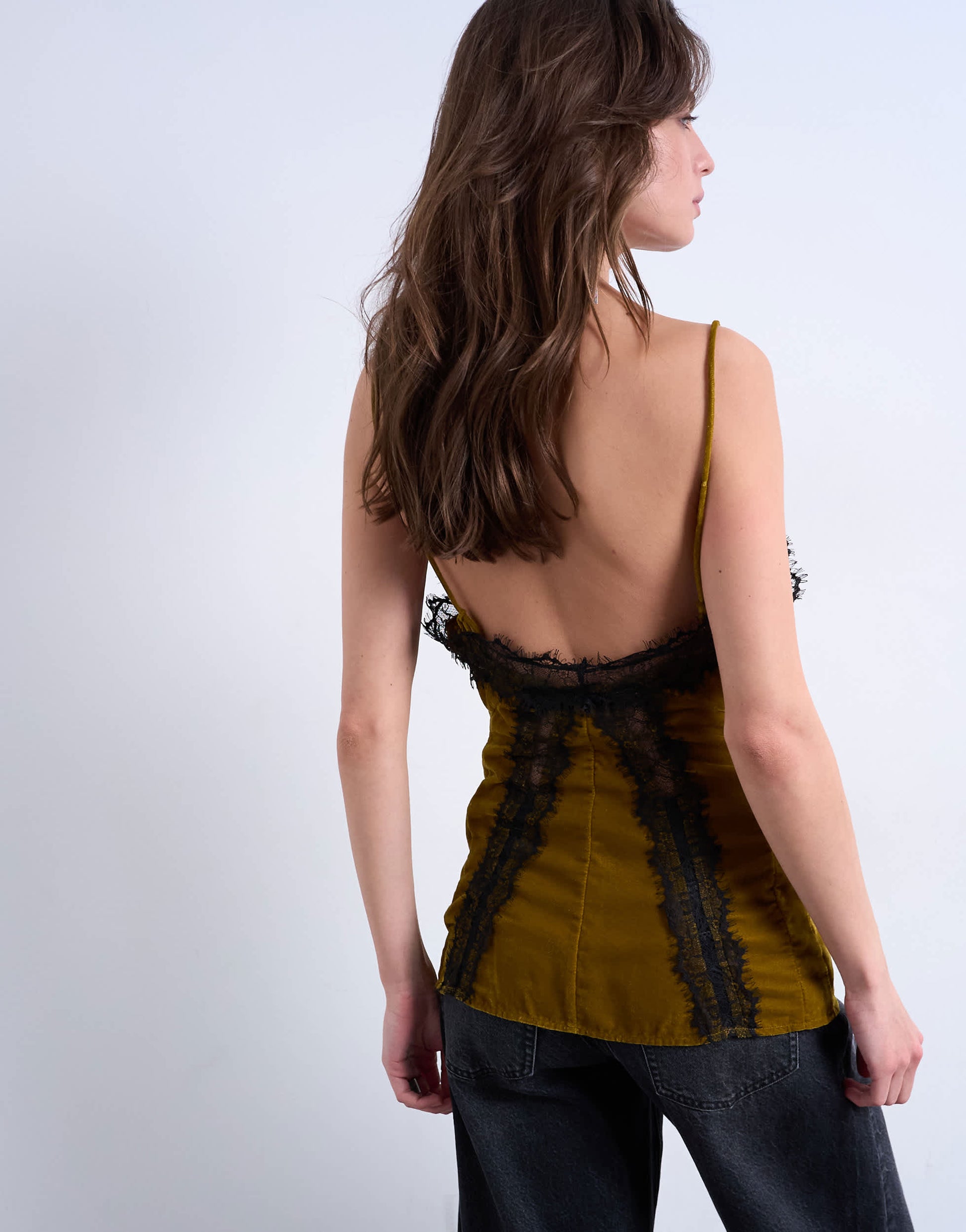 Topshop velvet lace cami with contrast lace in olive