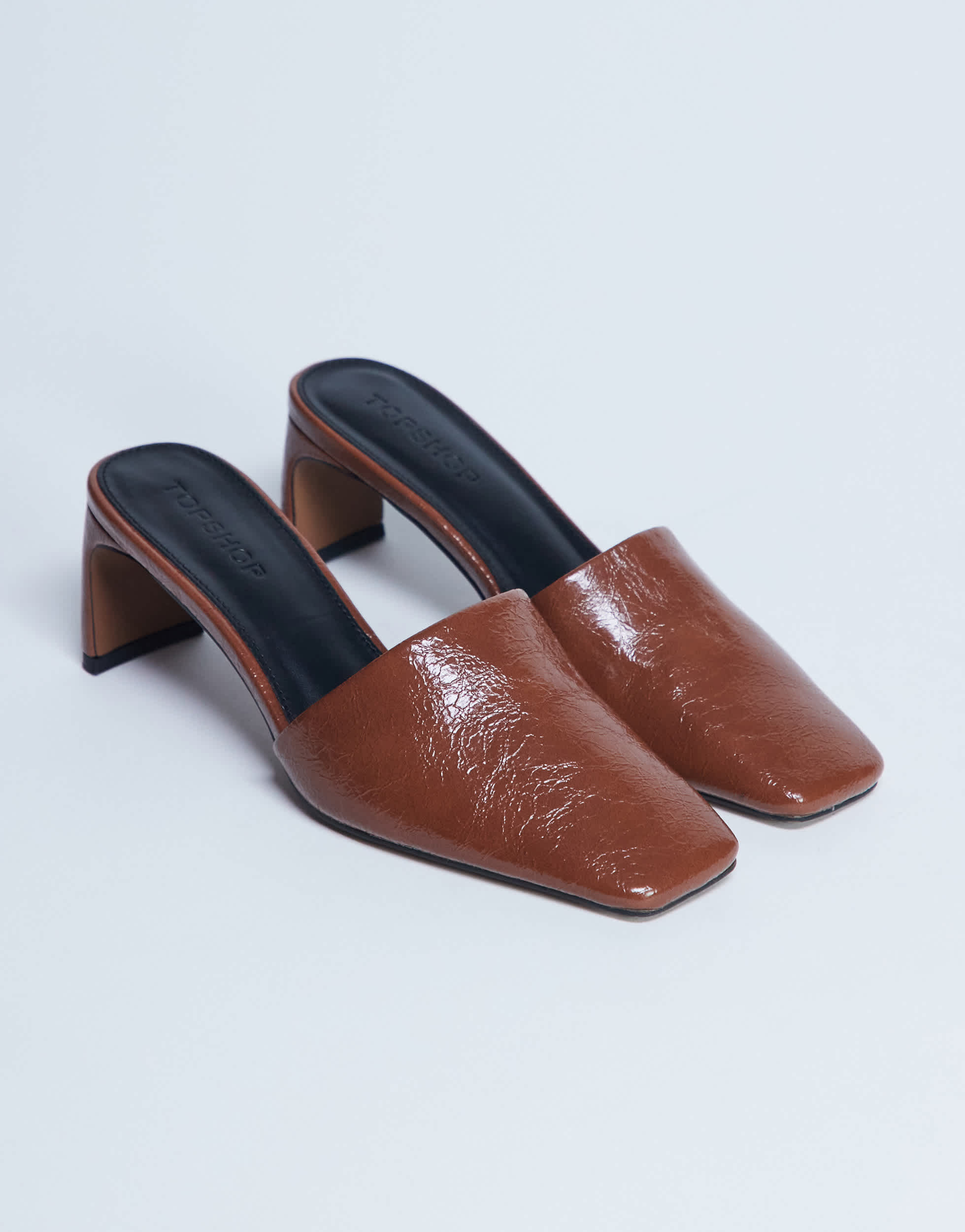 Topshop Idea patent square toe mule in chocolate