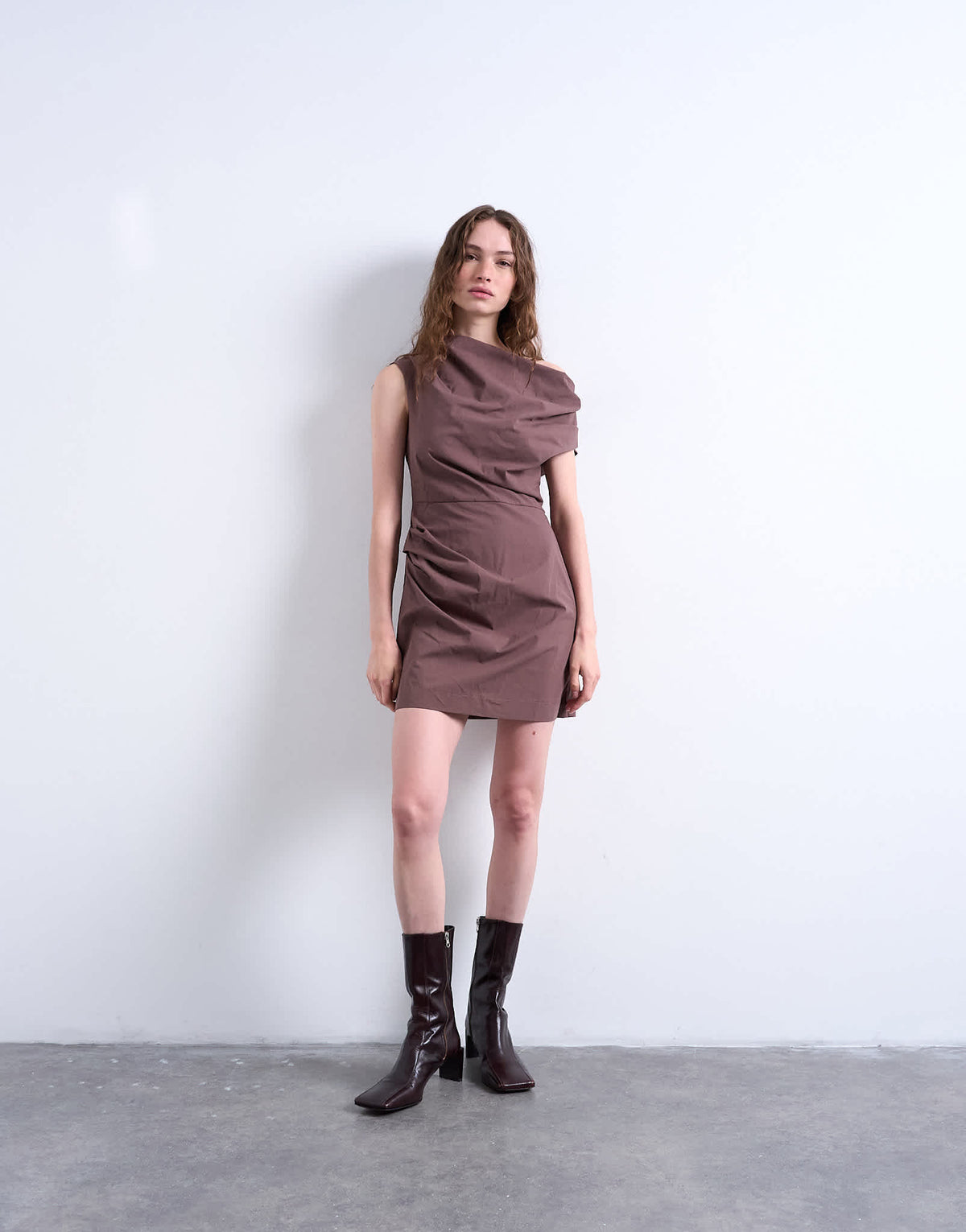 Topshop drape detail clean mini dress in chocolate