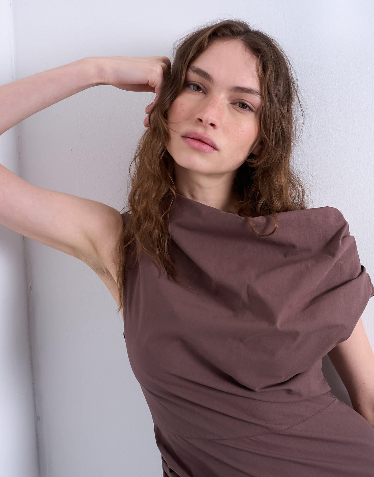 Topshop drape detail clean mini dress in chocolate