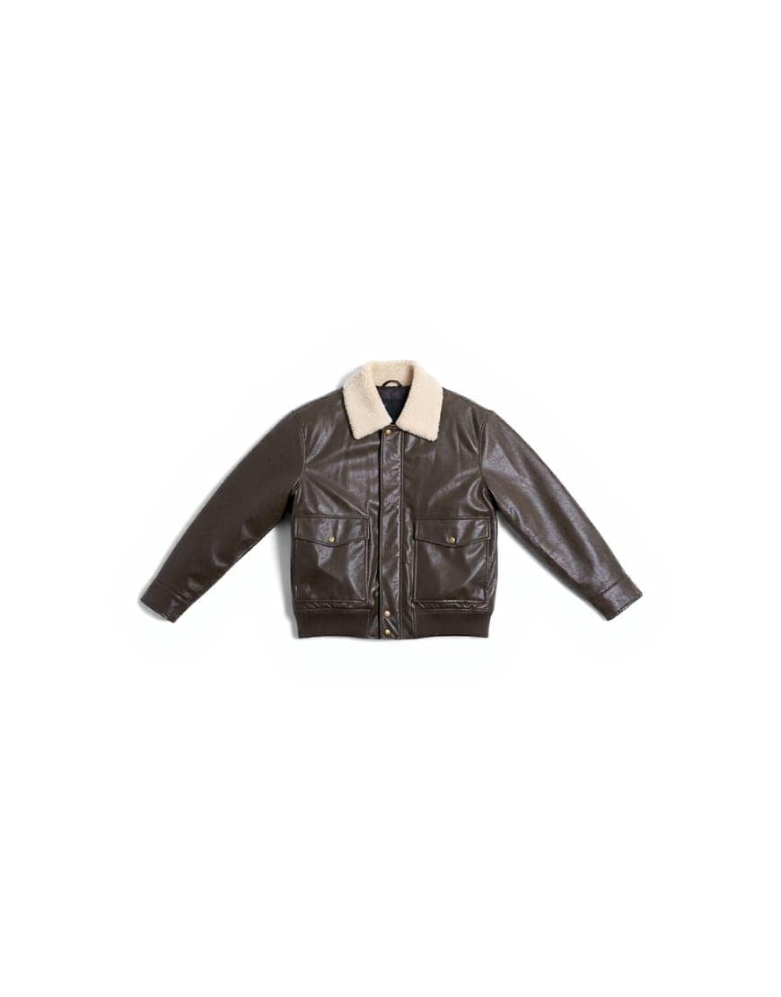 Topman faux leather borg collar washed jacket in chocolate
