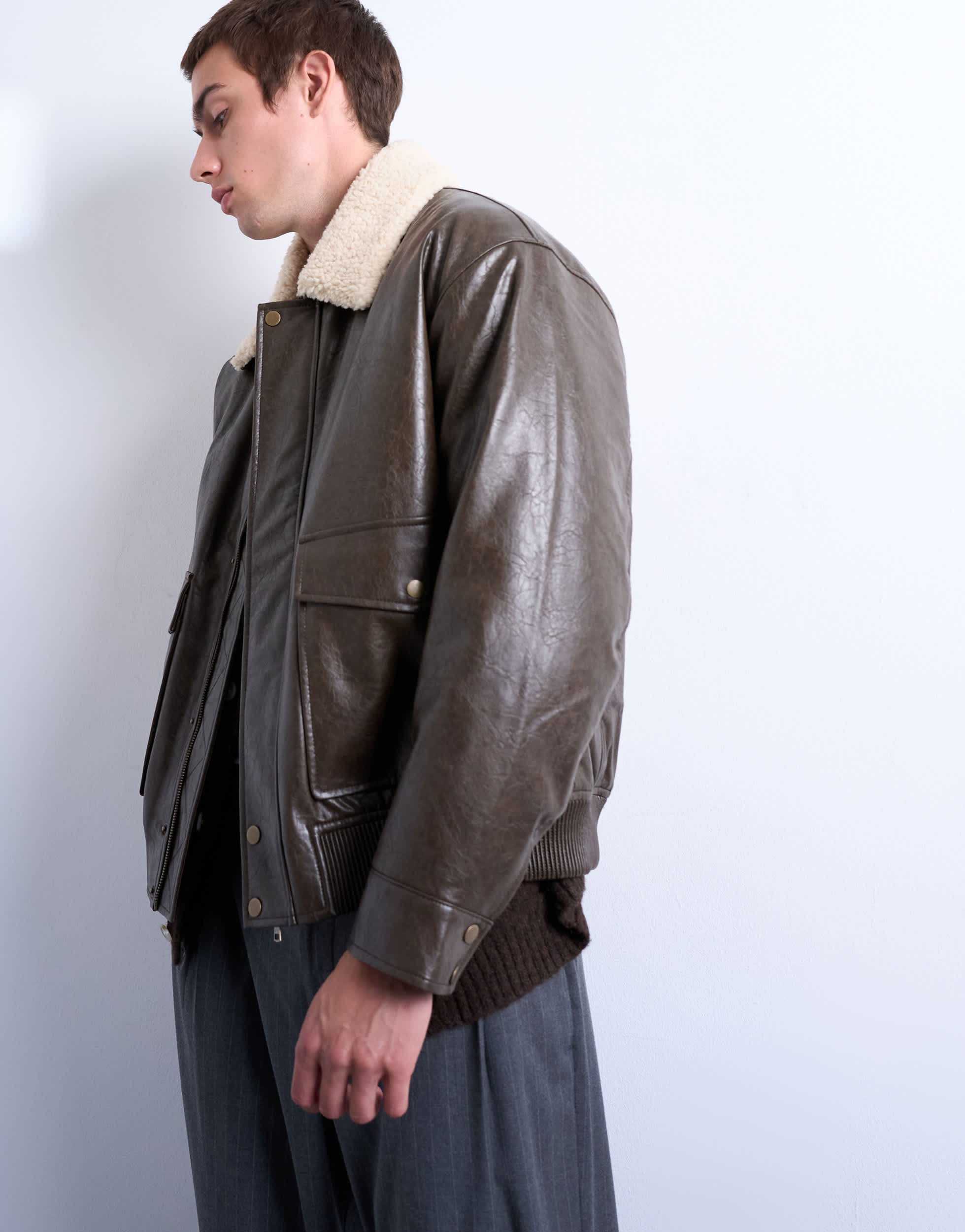 Veste lavée Topman en similicuir avec col en sherpa couleur chocolat